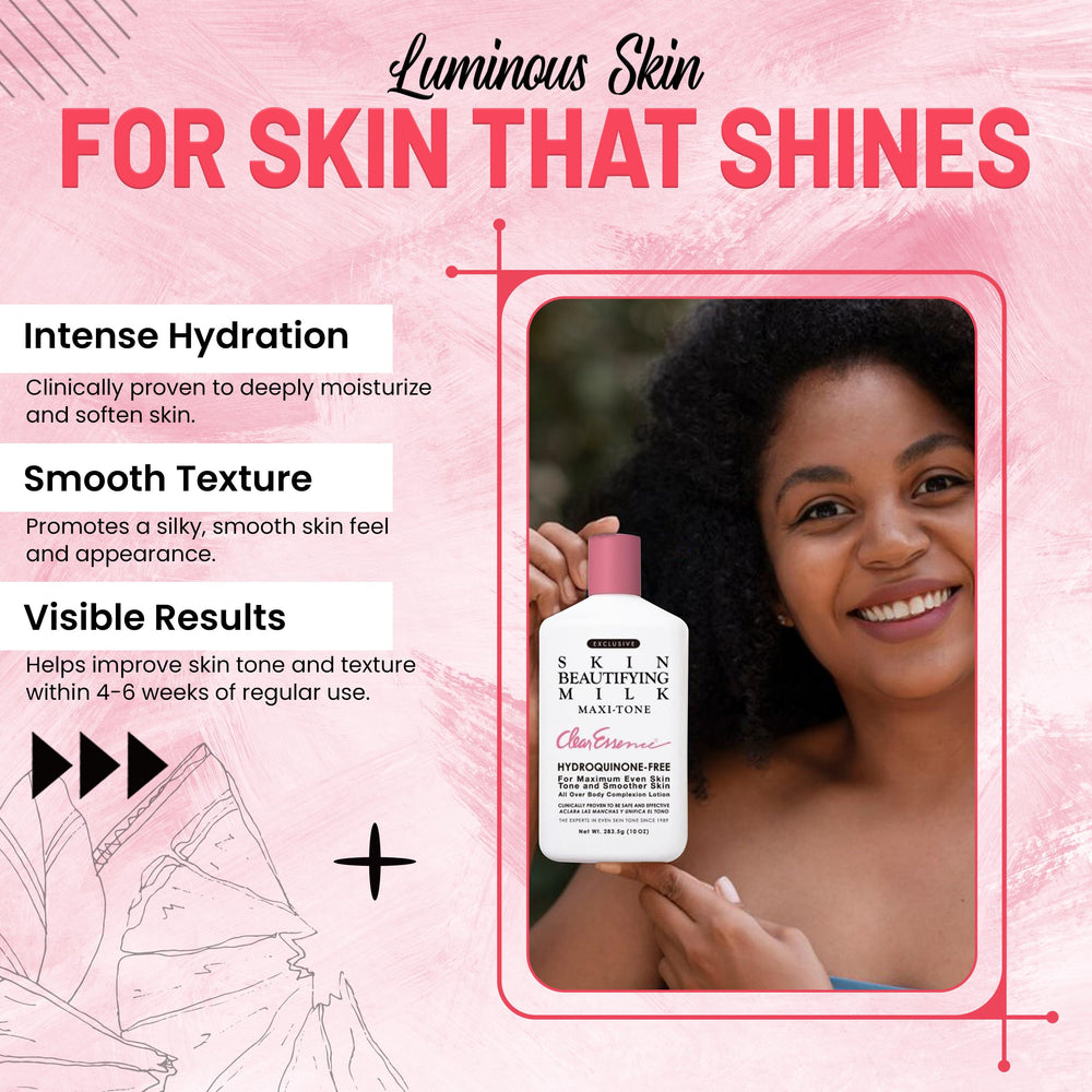 Étiquette Clear Essence Maxi-tone indiquant sans hydroquinone.