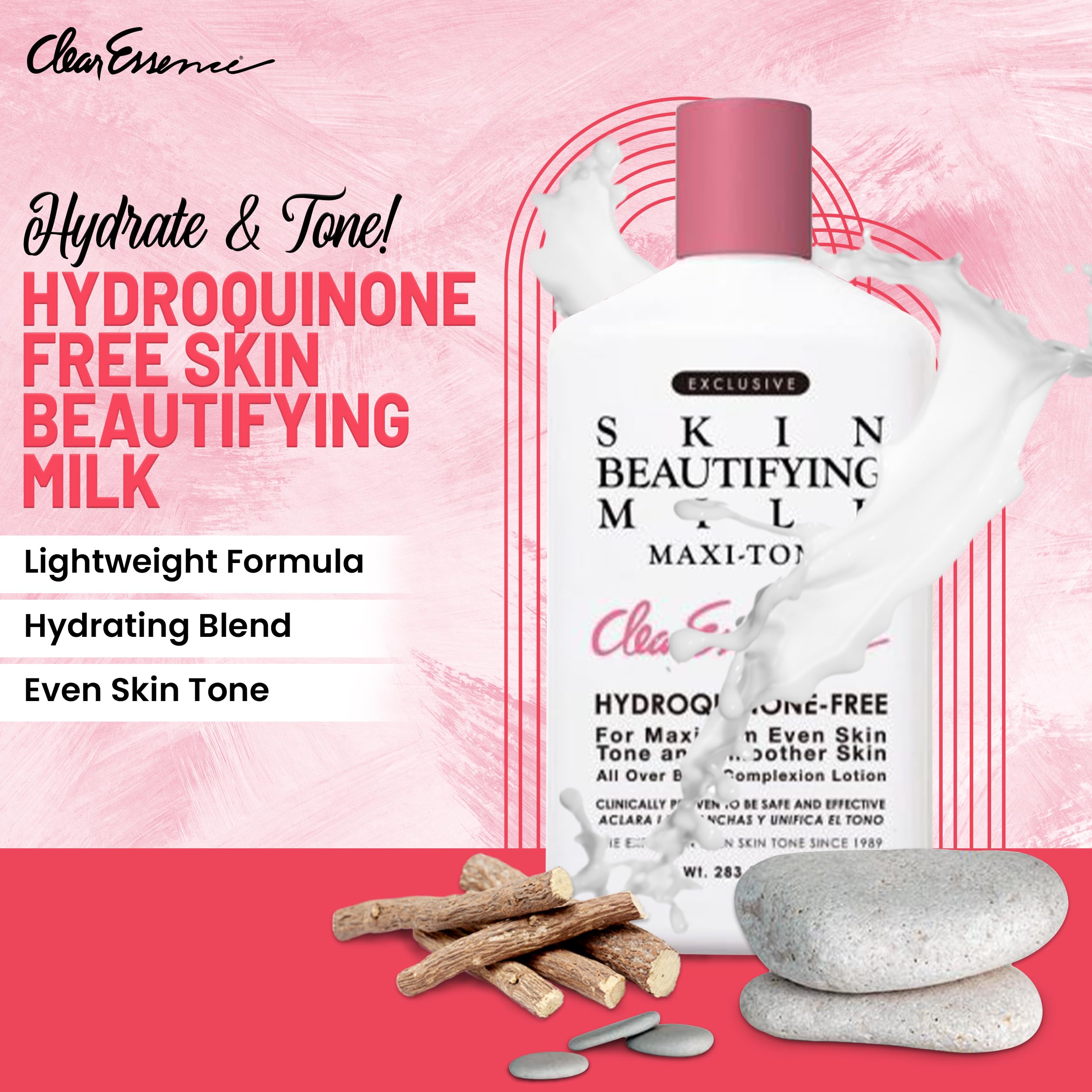Texture crèmeuse du lait Clear Essence Maxi-tone prête à hydrater les peaux sèches.