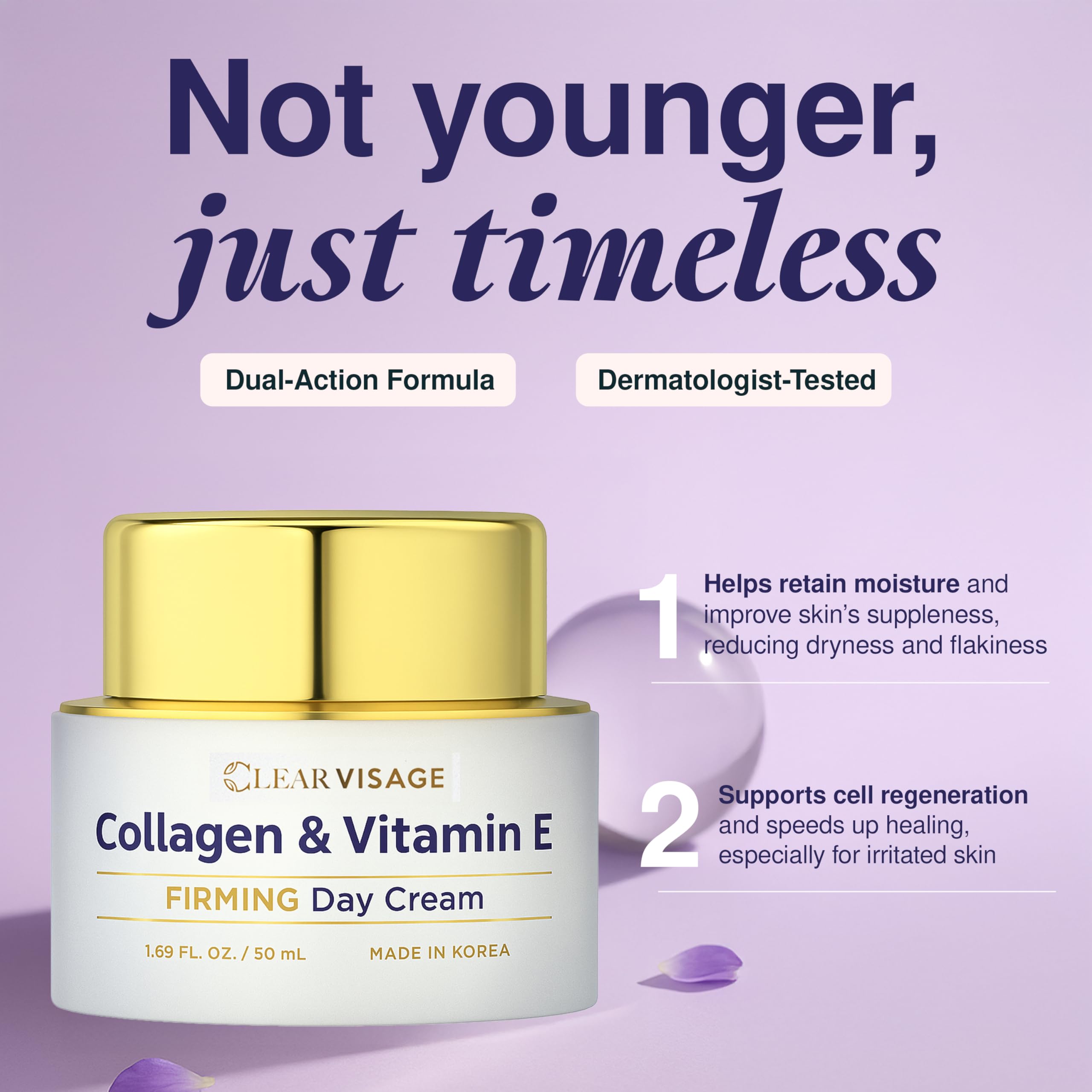 Clear Visage: ingrédients collagene et vitamine E pour soutien structure et hydratation.