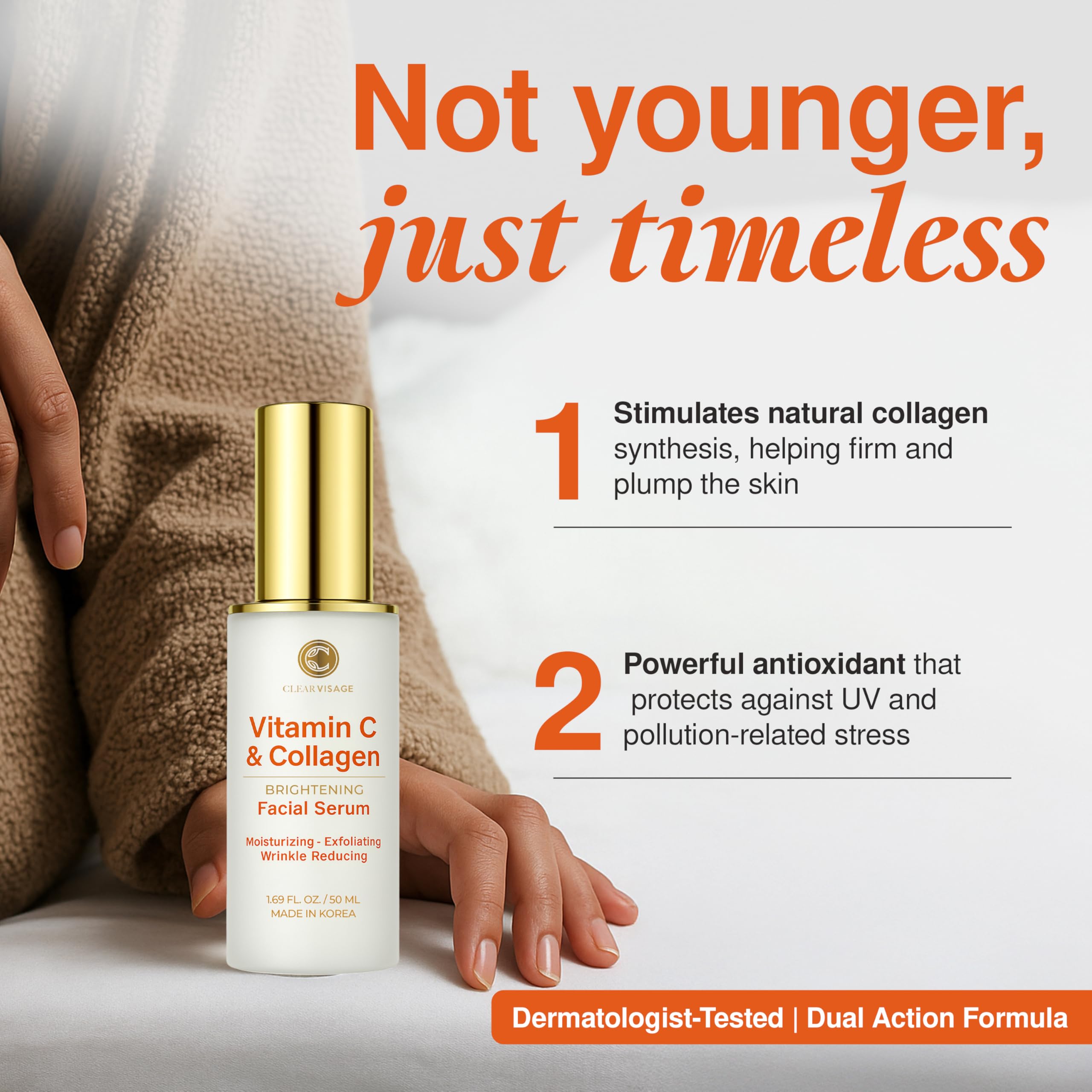Clear Visage sérum vitamine C et collagène, soutien l'élasticité de la peau.
