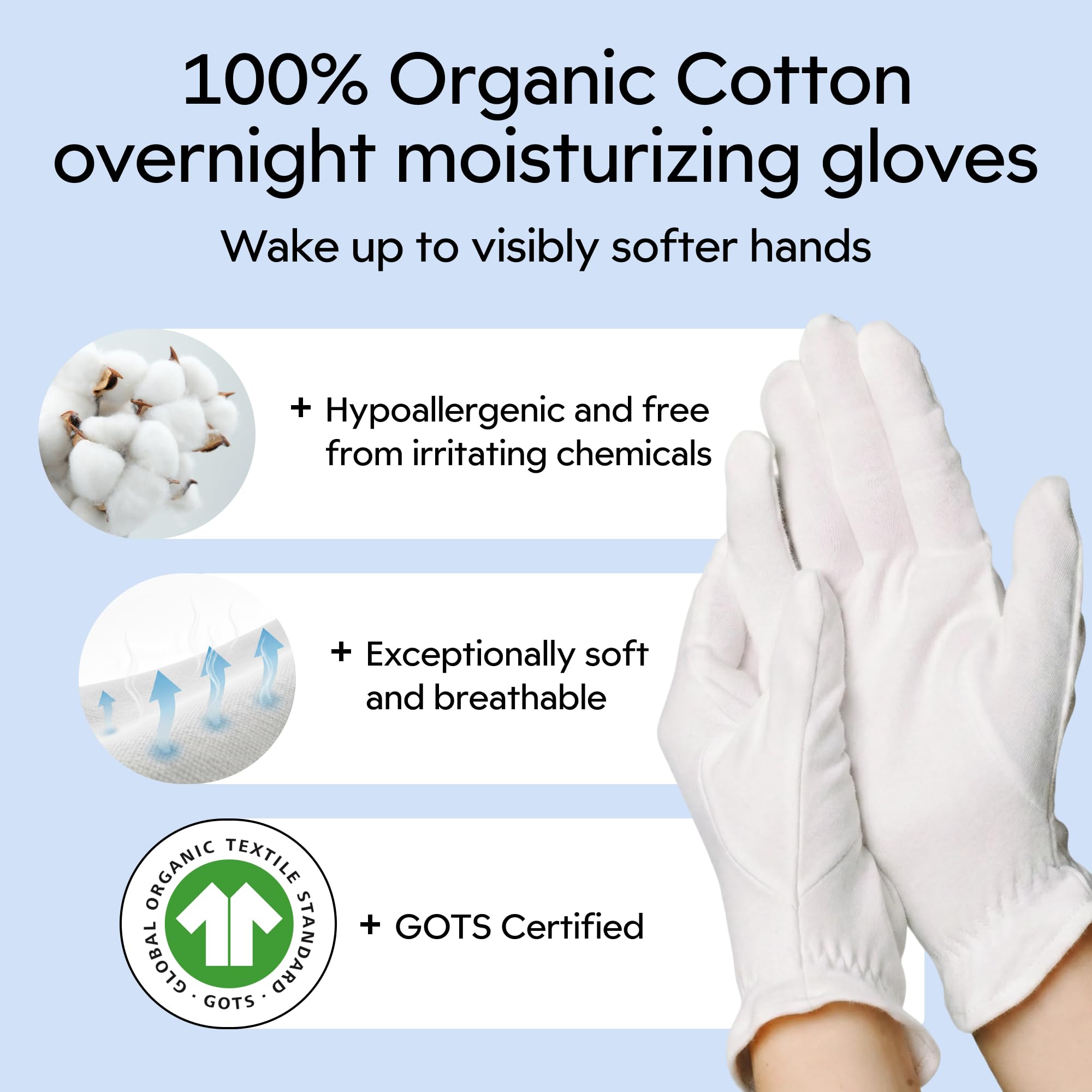 Gants blancs en coton biologique Clearbody pour usage nocturne et soin des mains.