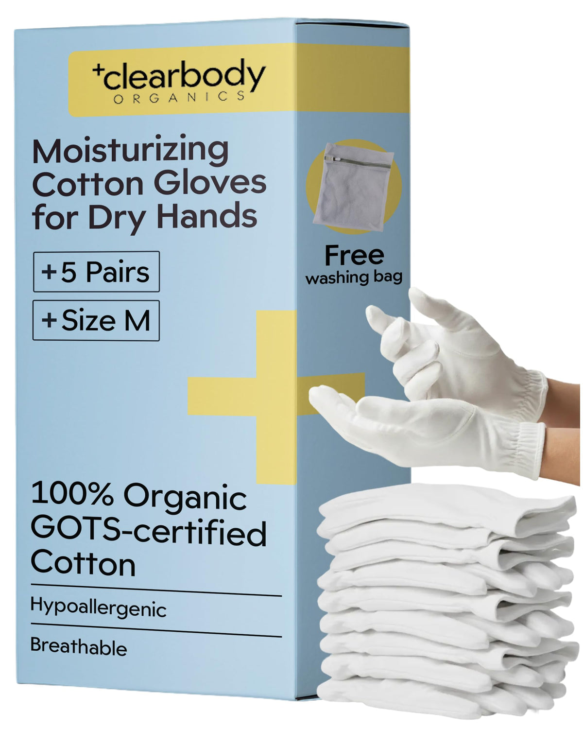 Gants Clearbody Organics en coton biologique, ensemble de 5 paires, parfaits pour la nuit.