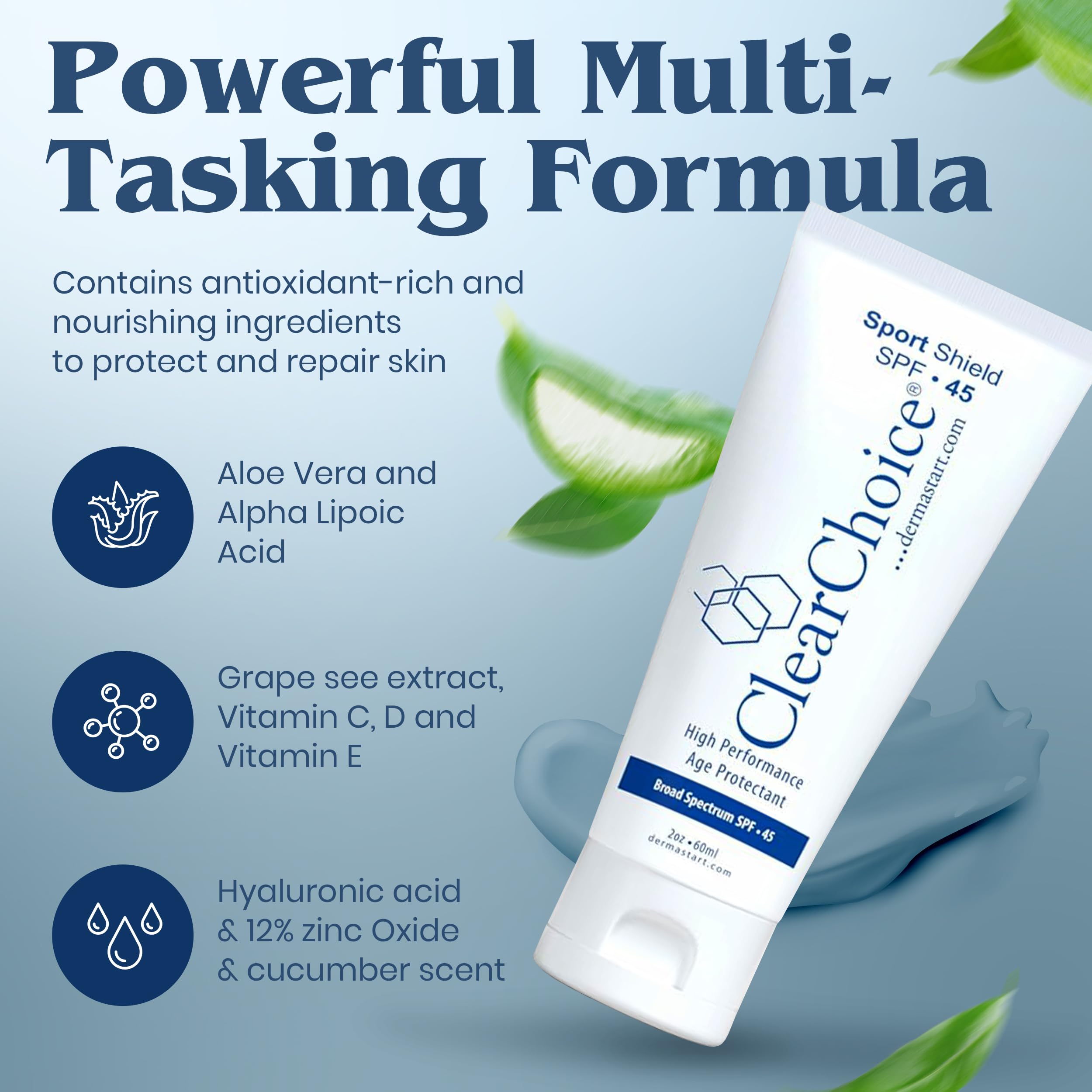 ClearChoice Sport Shield SPF 45 – formule hydratante avec hyaluronique pour peau douce.