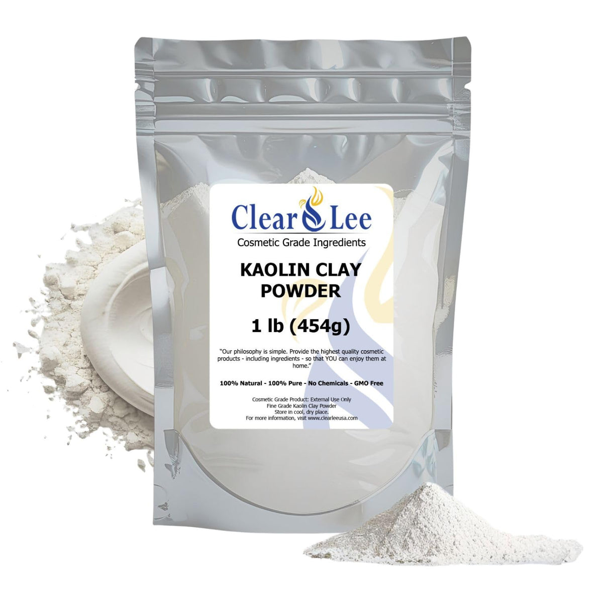 ClearLee Kaolin Poudre en sachet refermable pour stockage pratique.