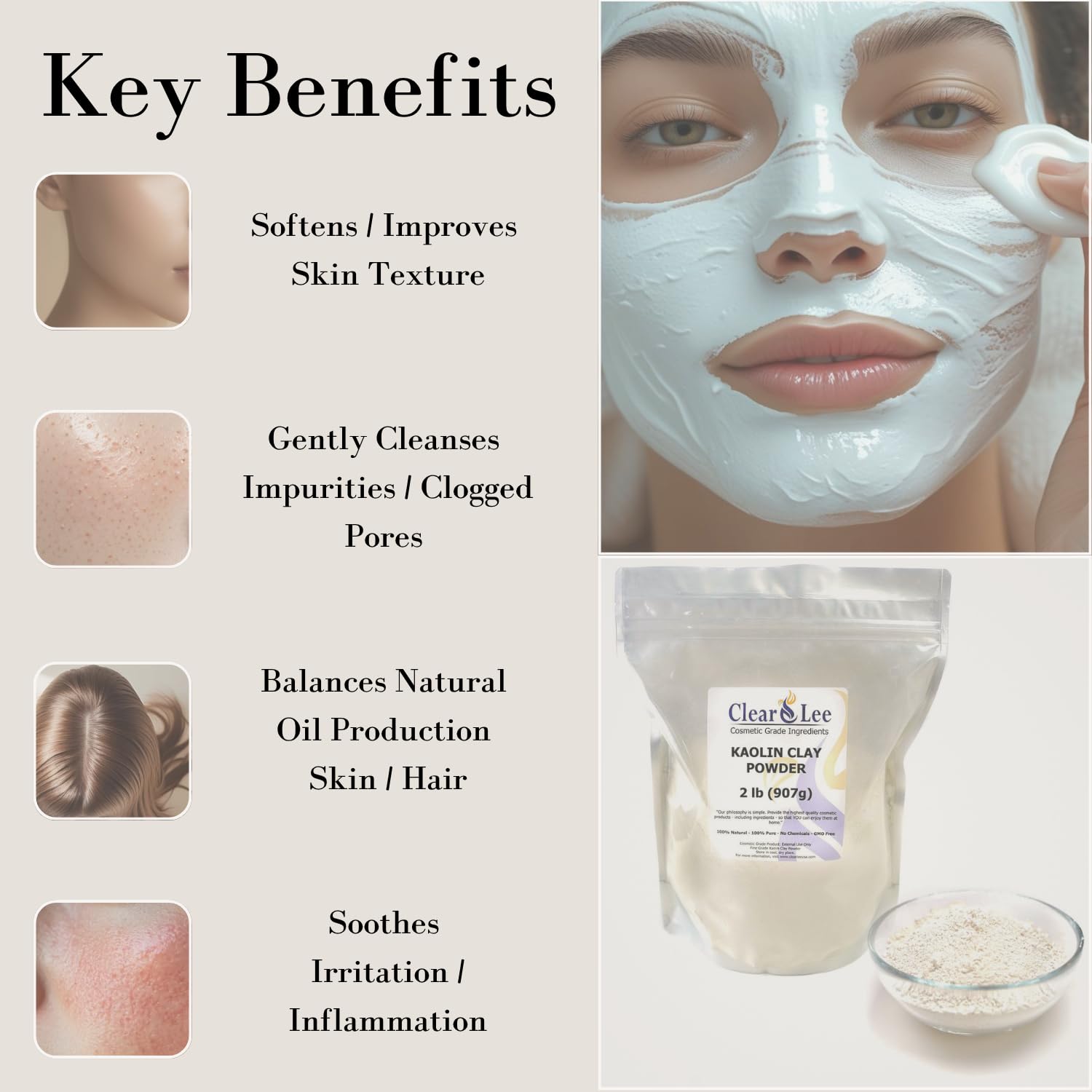 ClearLee Kaolin, poudre ultra fine, base idéale pour masques faits maison.