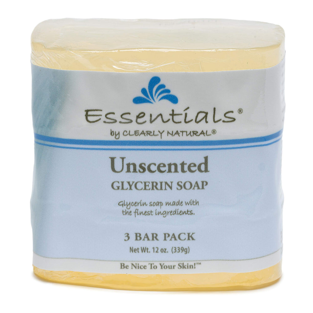Savon glycérine sans parfum Clearly Natural en ensemble de trois pour peau sensible.