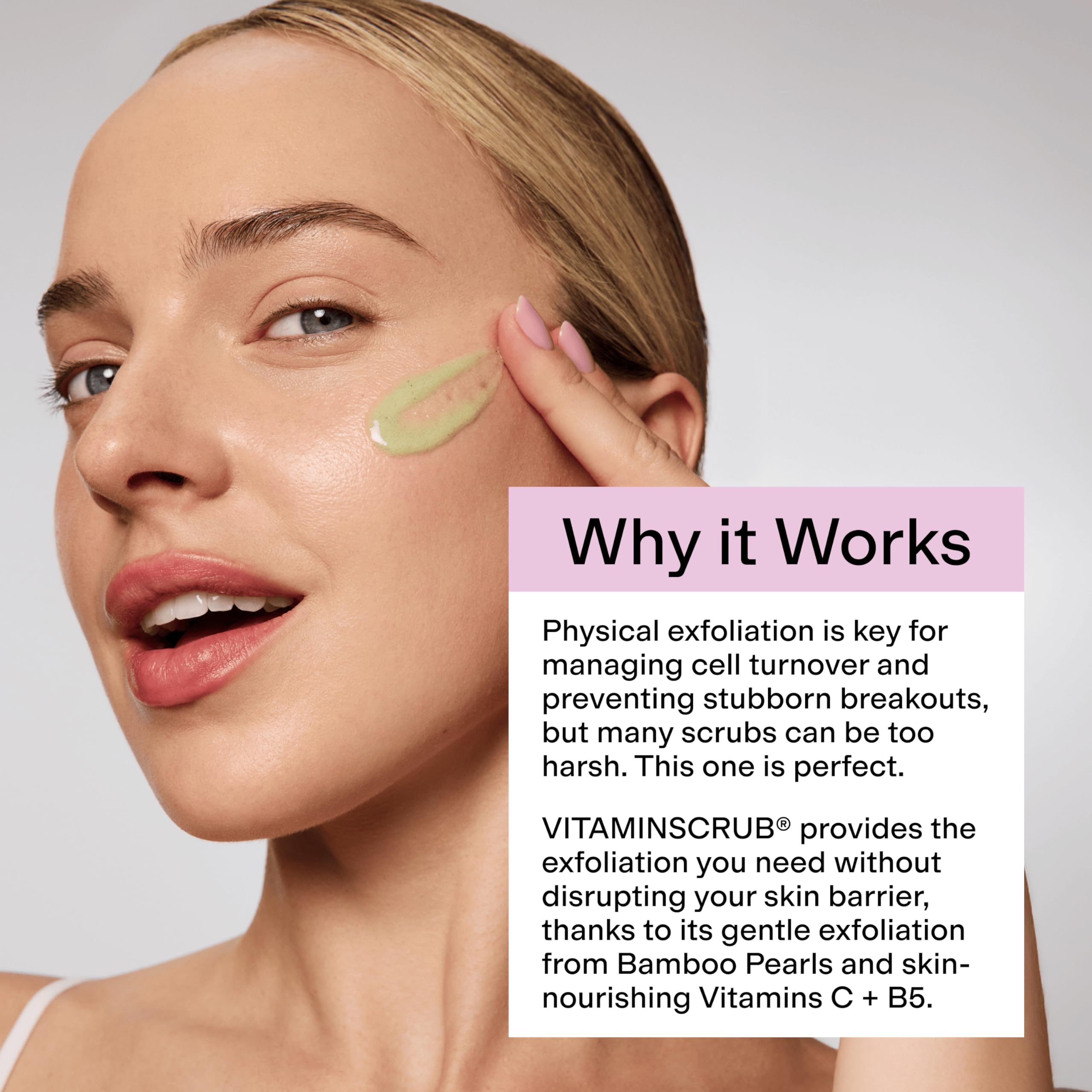 Teinte peau raffinée après CLEARSTEM VITAMSCRUB, régule le grain et réduit les rougeurs.