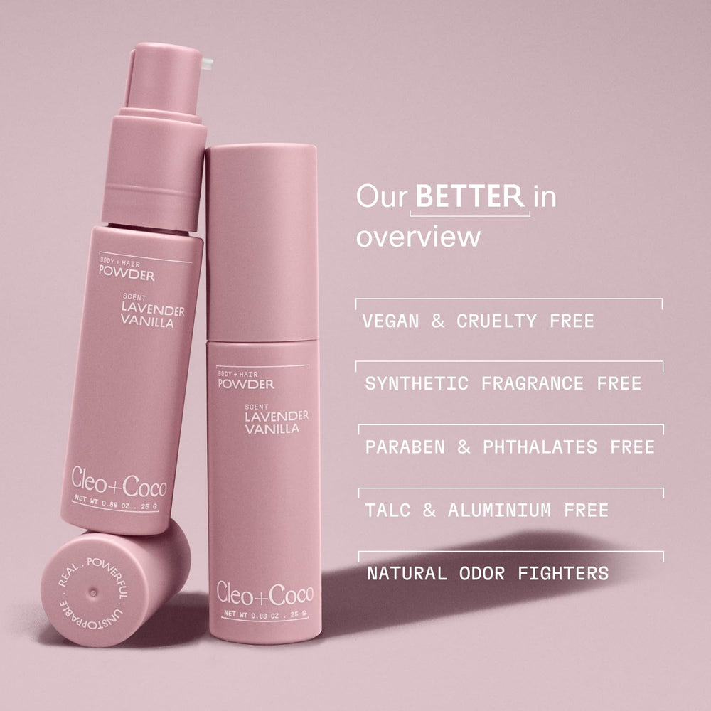 Poudre sèche Cleo + Coco pour cheveux entre les lavages.