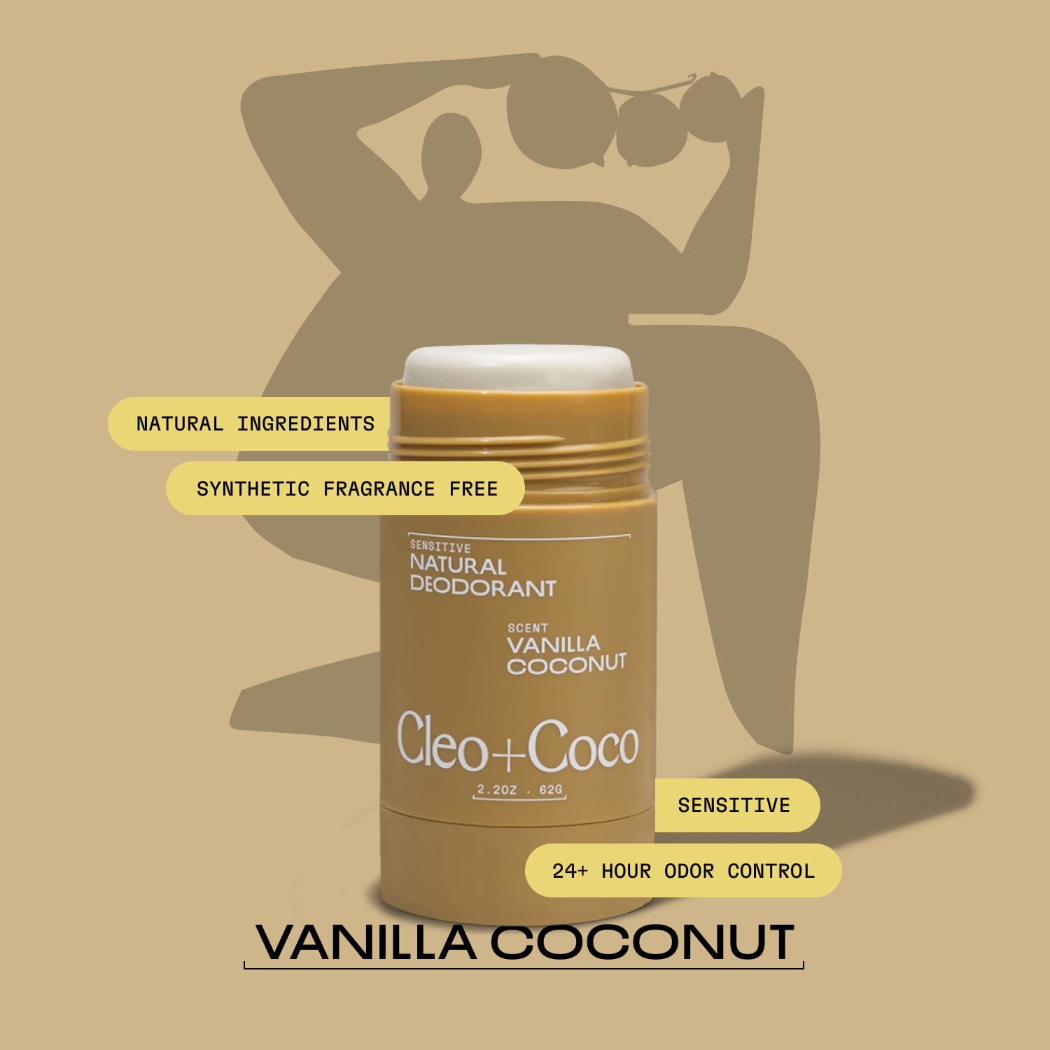 Cleo+Coco baume déodorant vanille coco sur peau propre, absorption rapide et sans résidu.