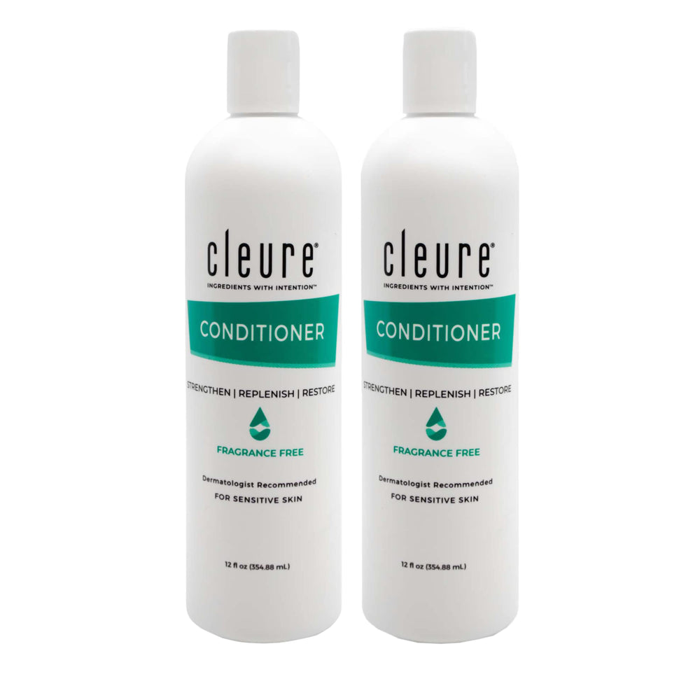 Conditionneur Cleure hydratant sans fragrance en bouteille, pour cheveux sensibles et hydratation en profondeur.