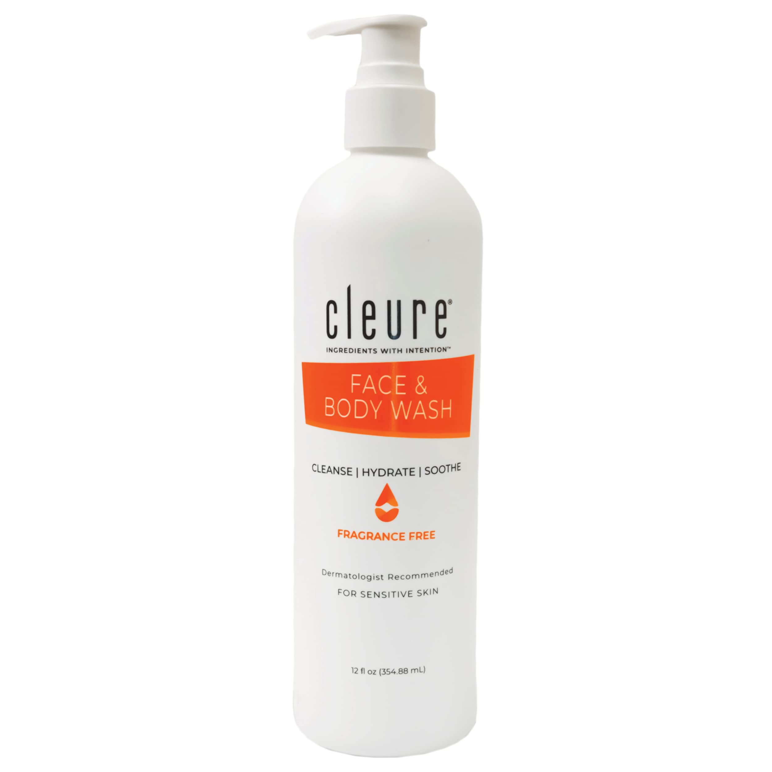 Cleure nettoyant visage et corps, bouteille 12oz, hydratant doux pour peau sensible