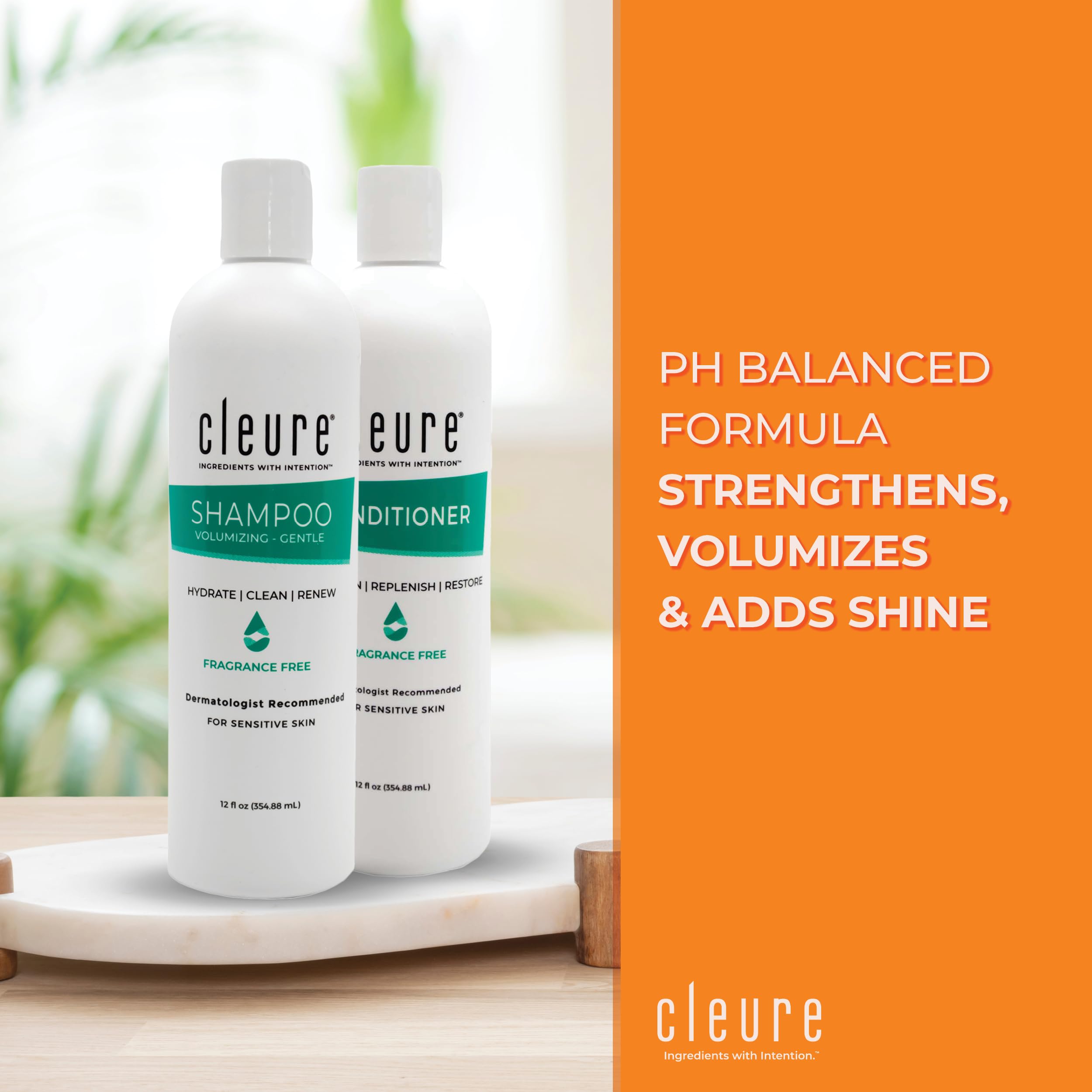 Shampoing Cleure Volume, texture légère, lavage quotidien sans irritants.