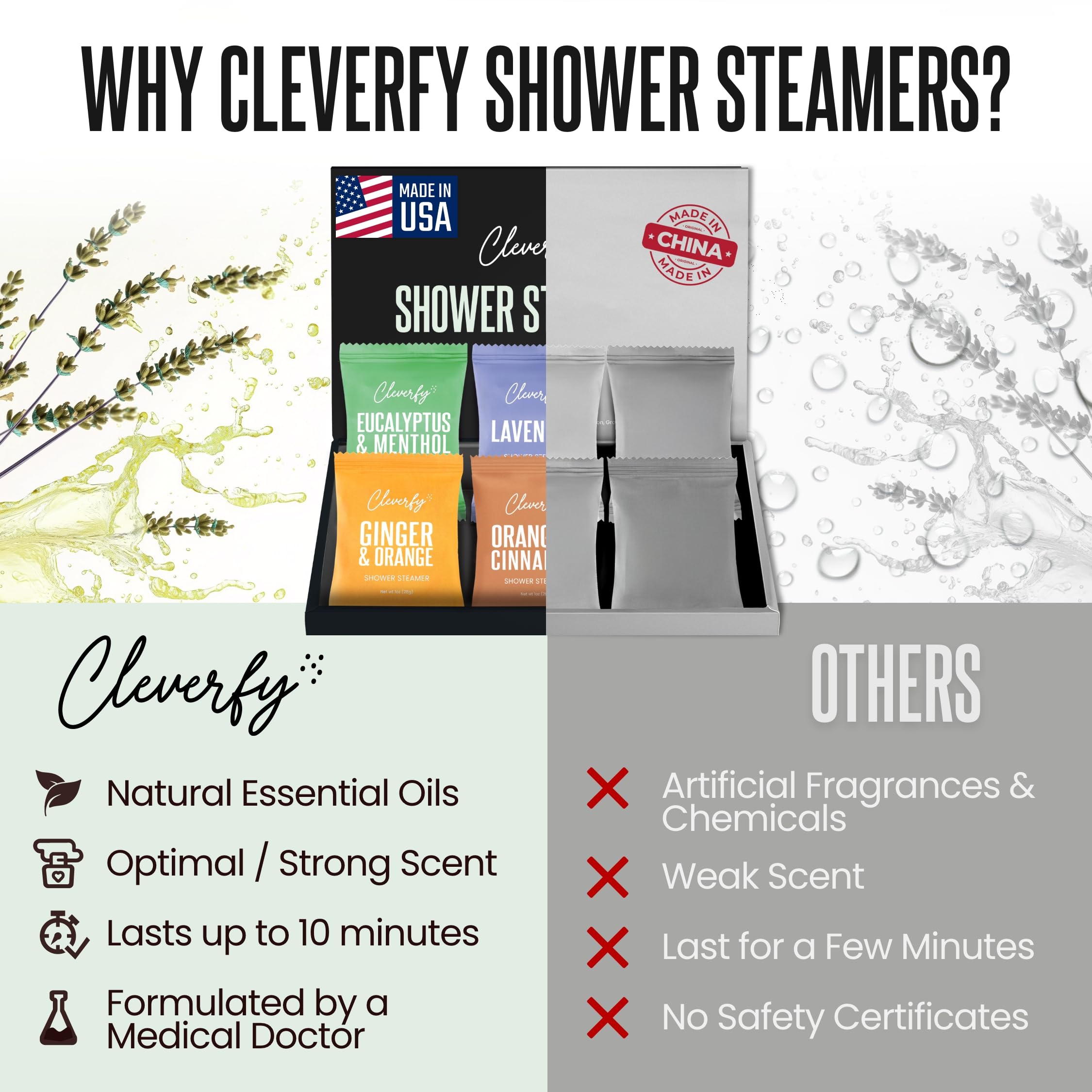 Cleverfy Shower Steamer lavande : parfum calmant pour le rituel du soir.