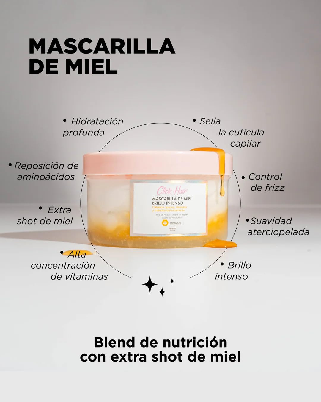 Texture crème épaisse du masque Click Hair Honey Mask pour hydratation profonde.