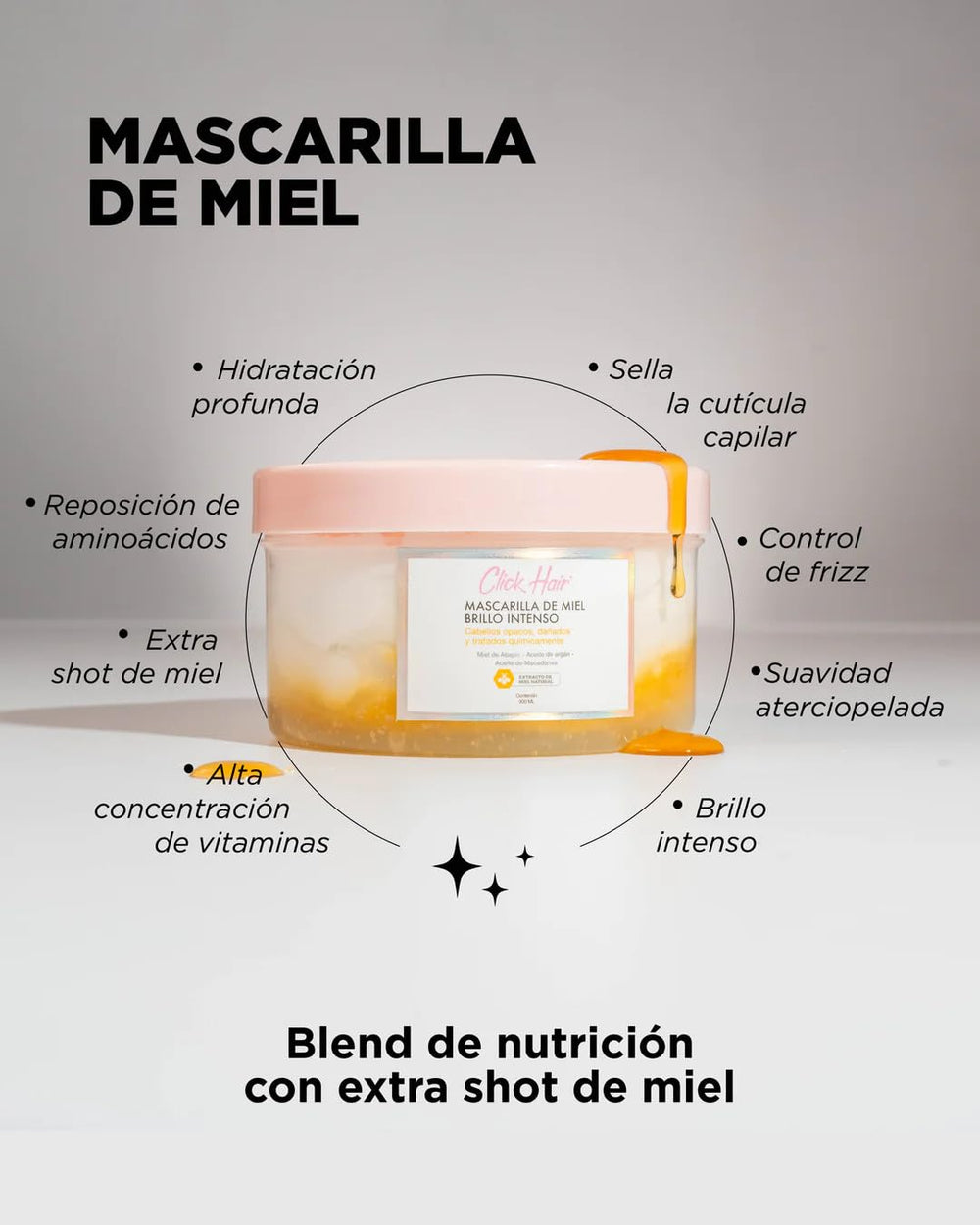 Texture crème épaisse du masque Click Hair Honey Mask pour hydratation profonde.