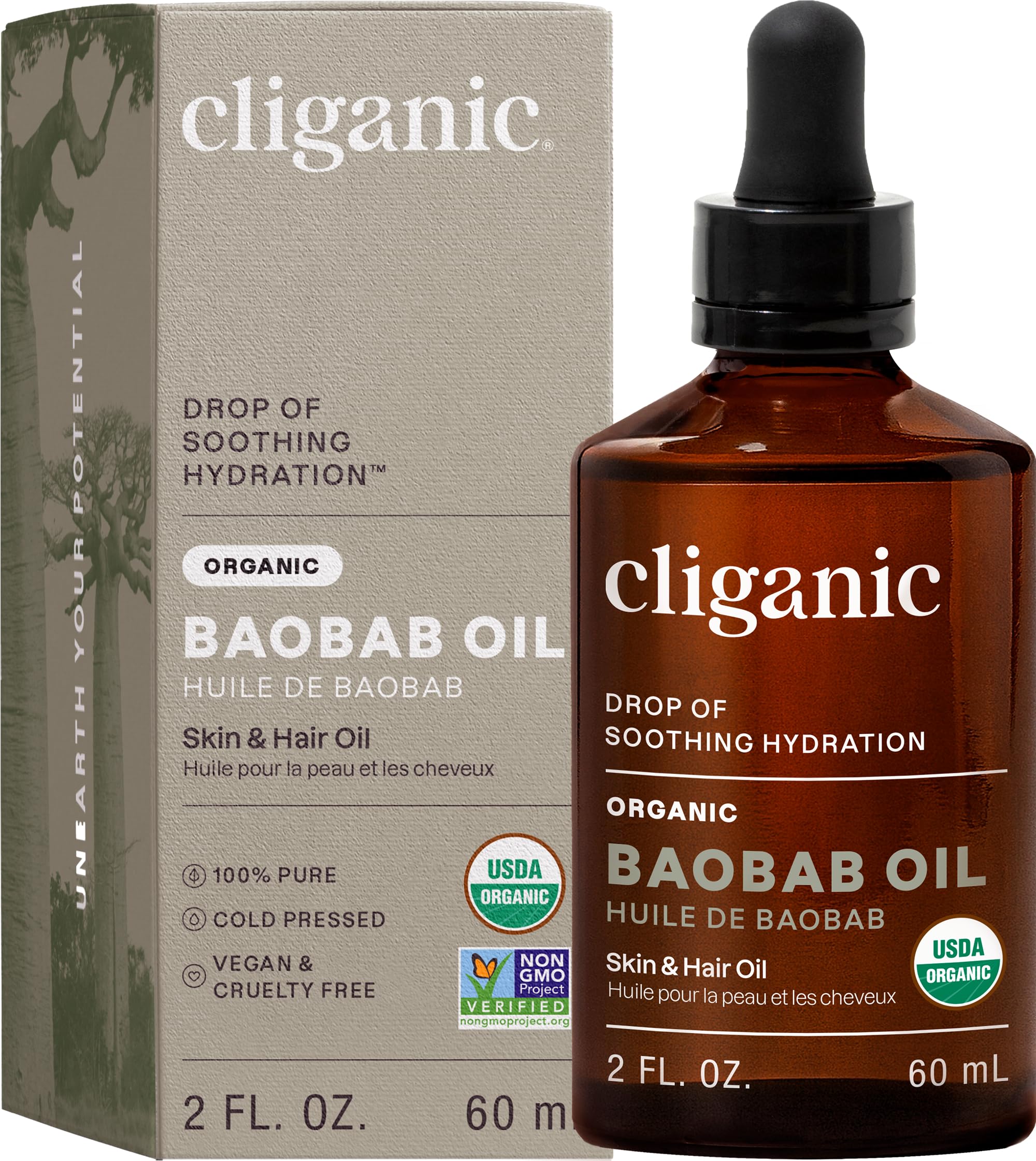 Huile de baobab Cliganic — bouteille-avant, hydratation légère pour peau et cheveux.