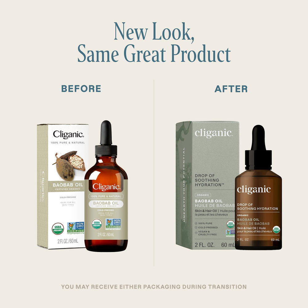 Huile de baobab Cliganic — pipette-goutte, utilisation précise pour le visage.