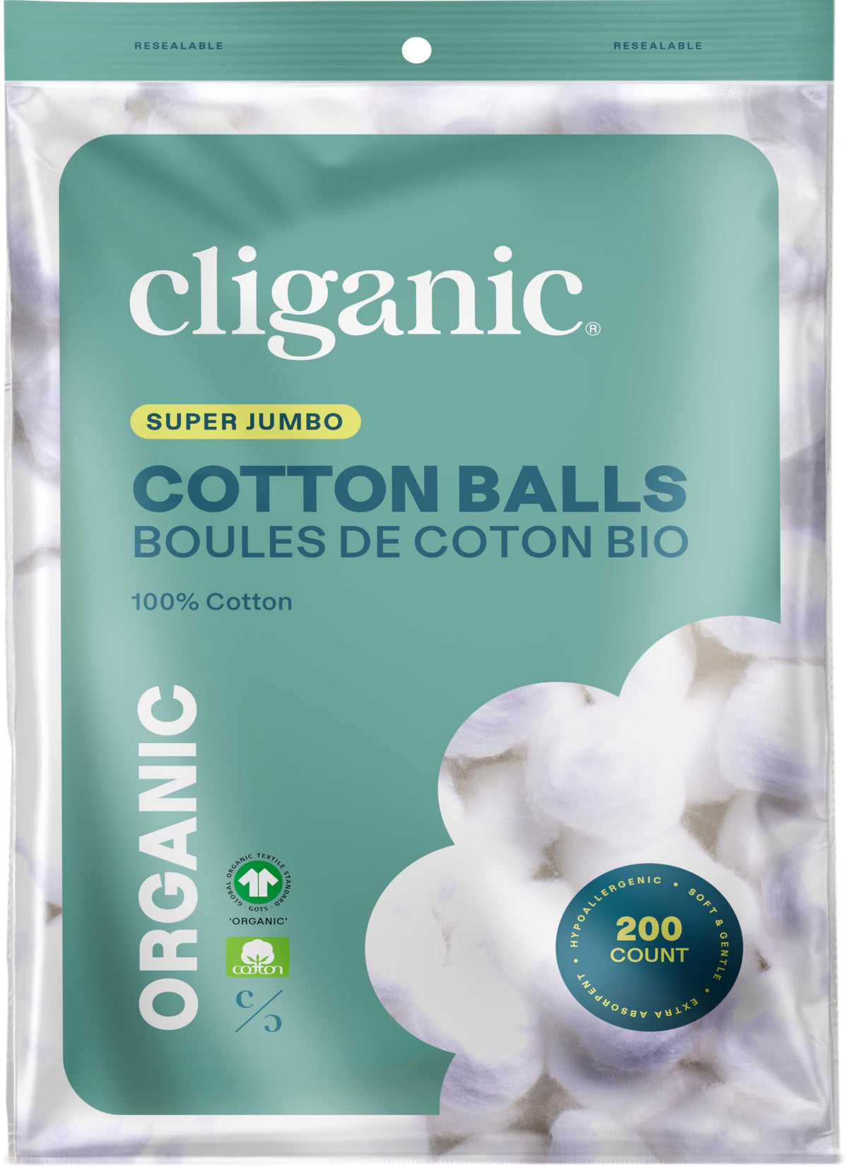 Boules Cliganic coton bio, emballage variable, parfaites pour démaquillage doux.