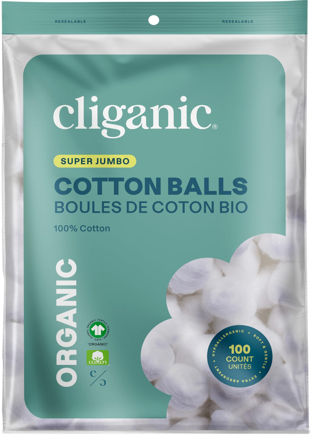 Boules de coton organiques Cliganic Super Jumbo, grande taille idéale pour démaquiller en douceur.