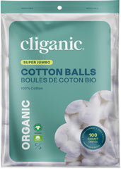 Boules de coton organiques Cliganic Super Jumbo, grande taille idéale pour démaquiller en douceur.