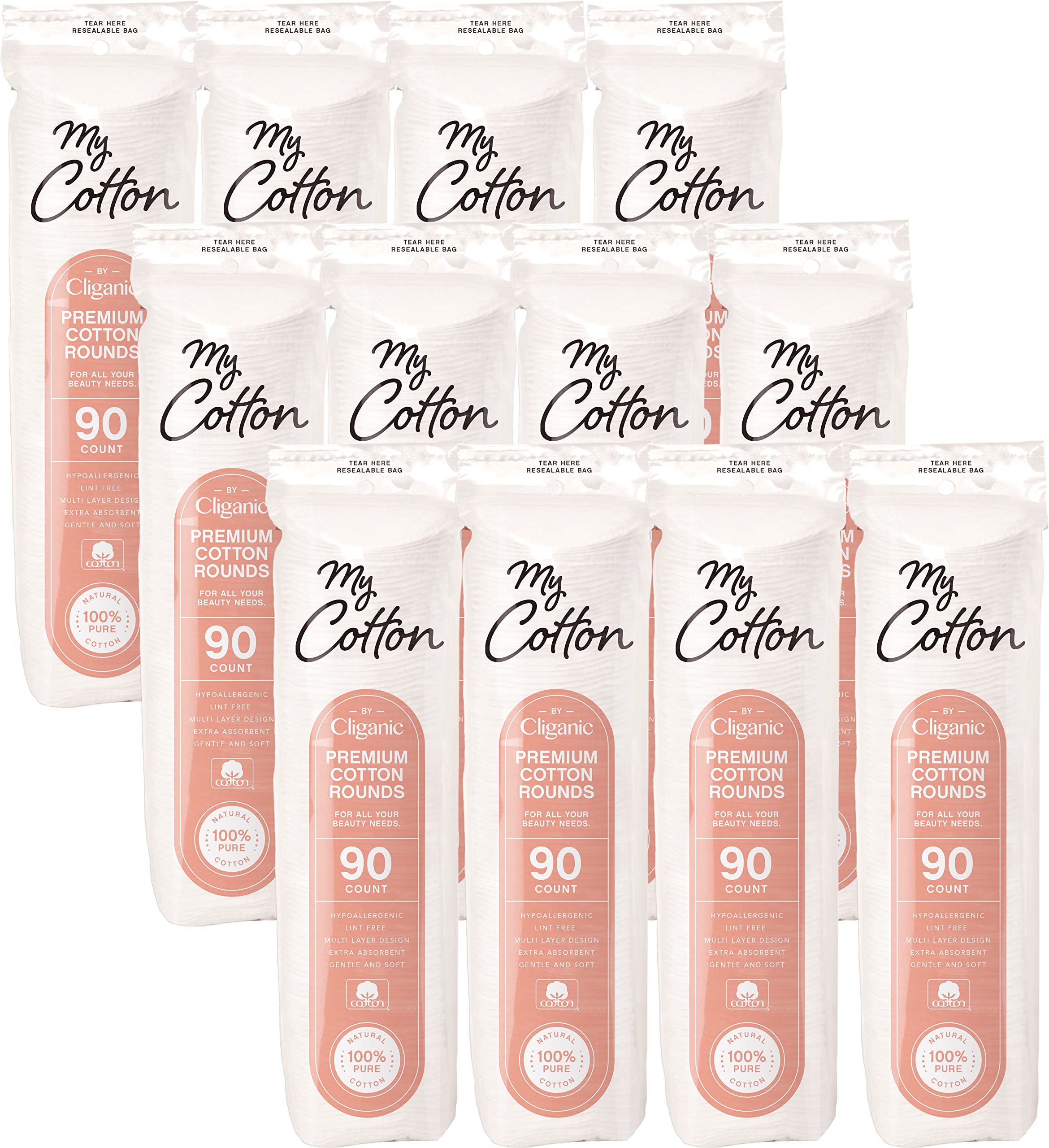 Disques coton premium de Cliganic, lot 1080, idéal pour le démaquillage quotidien.