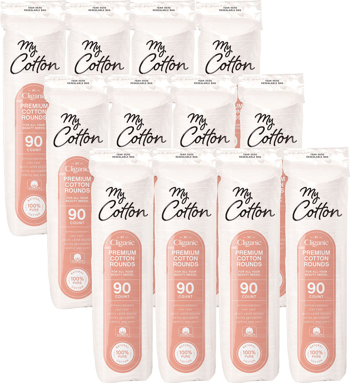 Disques coton premium de Cliganic, lot 1080, idéal pour le démaquillage quotidien.