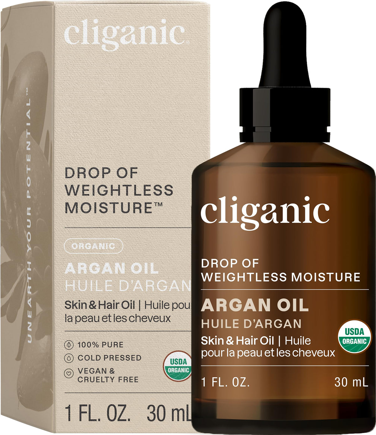 Cliganic Huile d’Argan Bio — bouteille 1 oz pressée à froid pour hydratation naturelle.