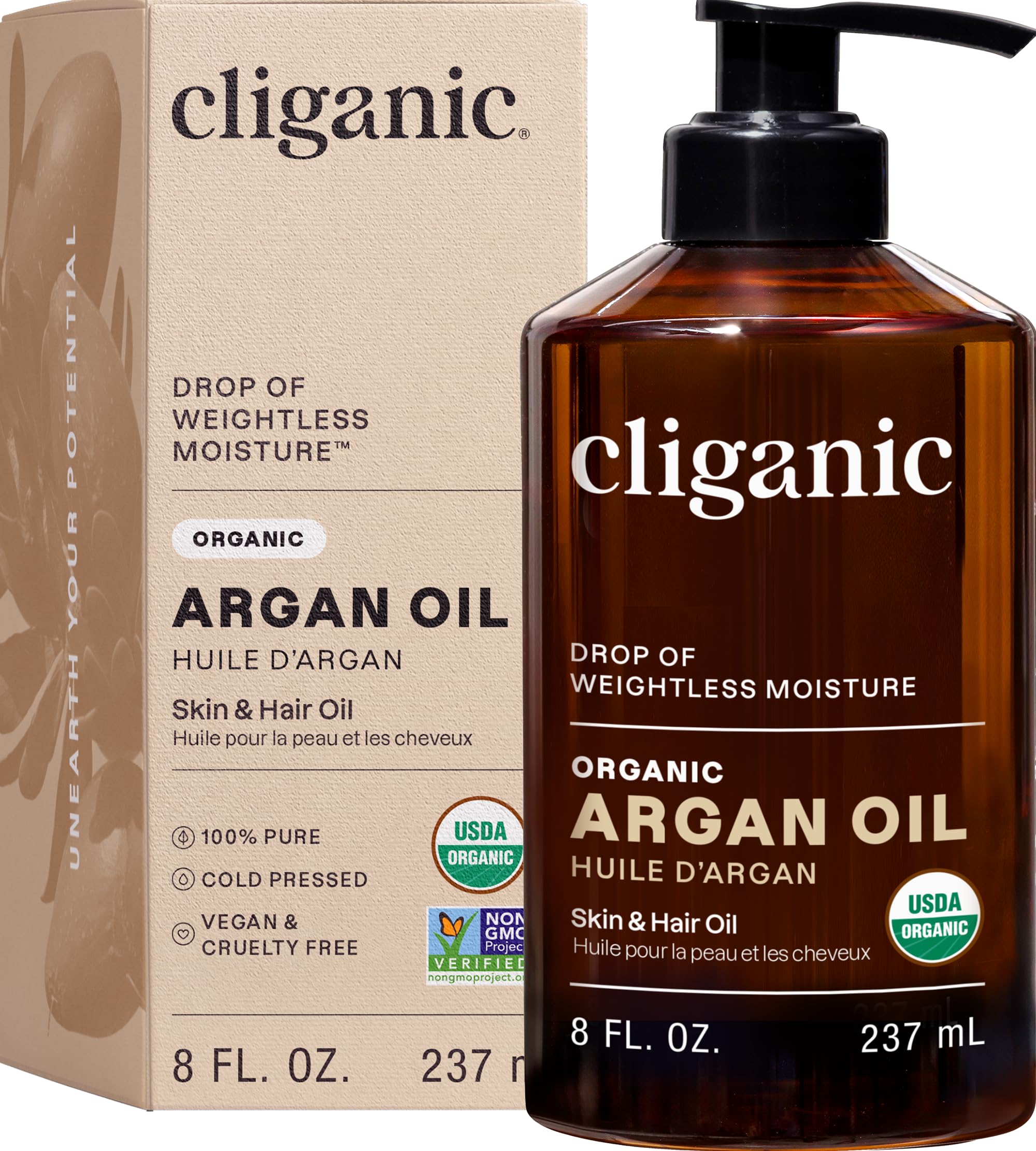 Cliganic huile argan: bouteille avec pompe 8oz, pratique et hygiénique.