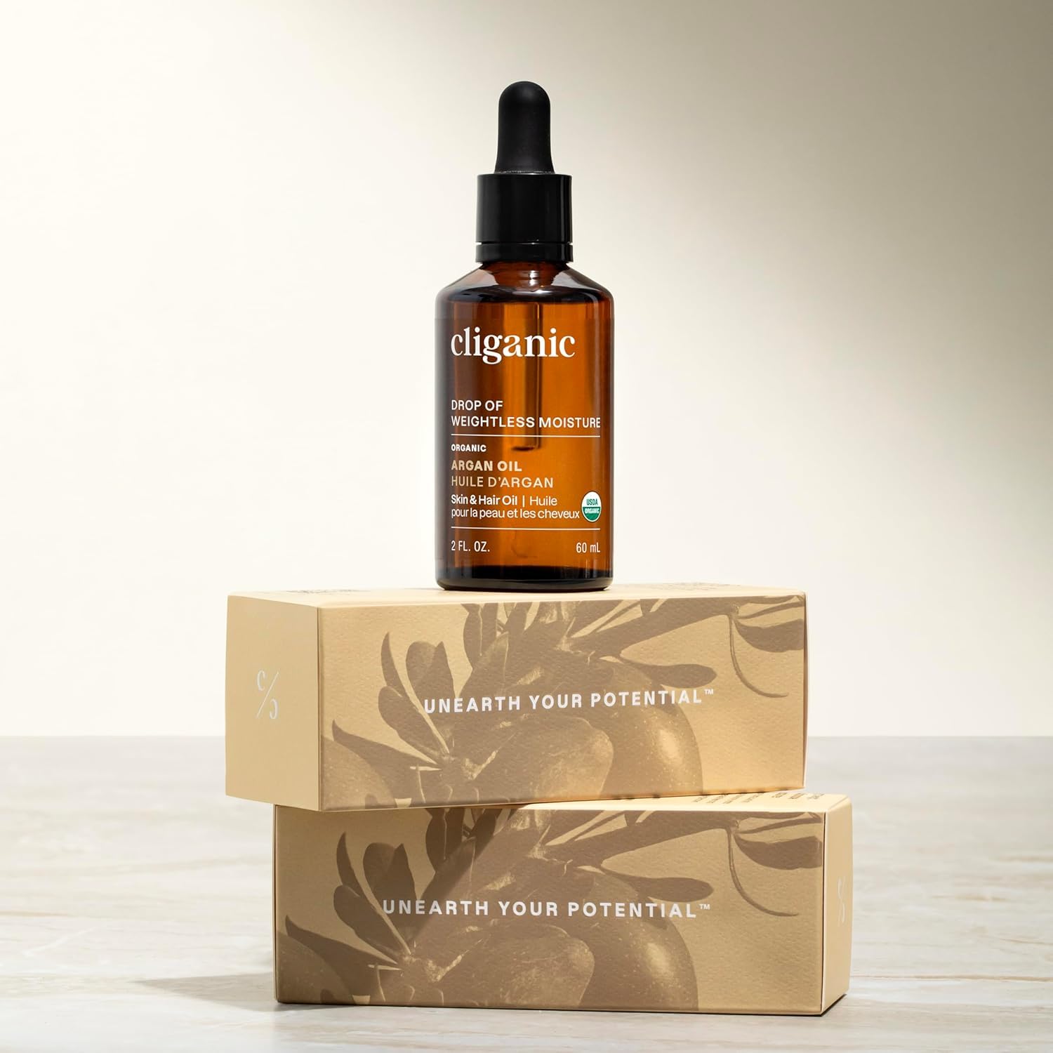 Cliganic huile argan: emballage végane sans cruauté envers les animaux.