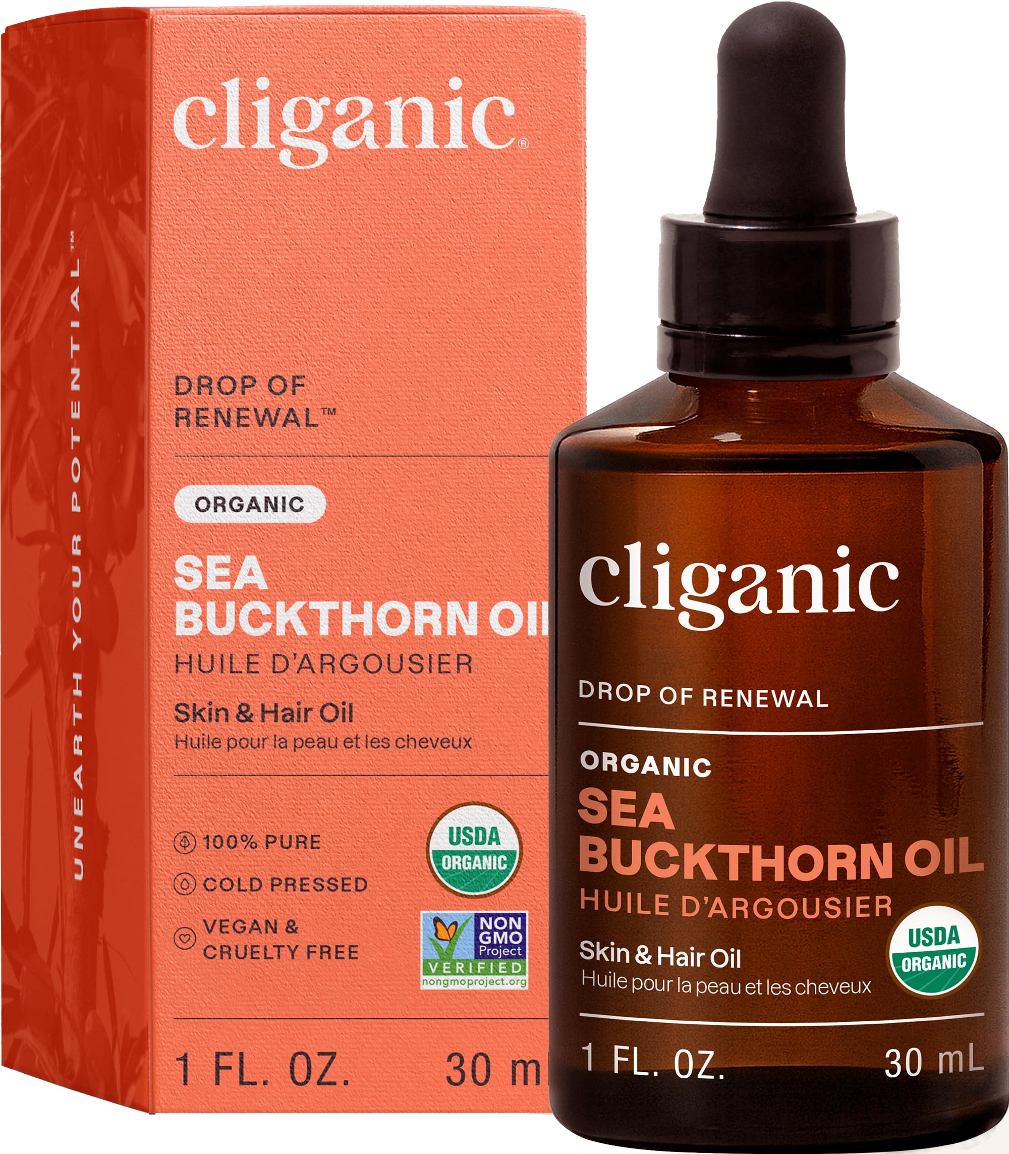 Cliganic huile d'argousier, bouteille-pure, soin visage nourrissant et léger