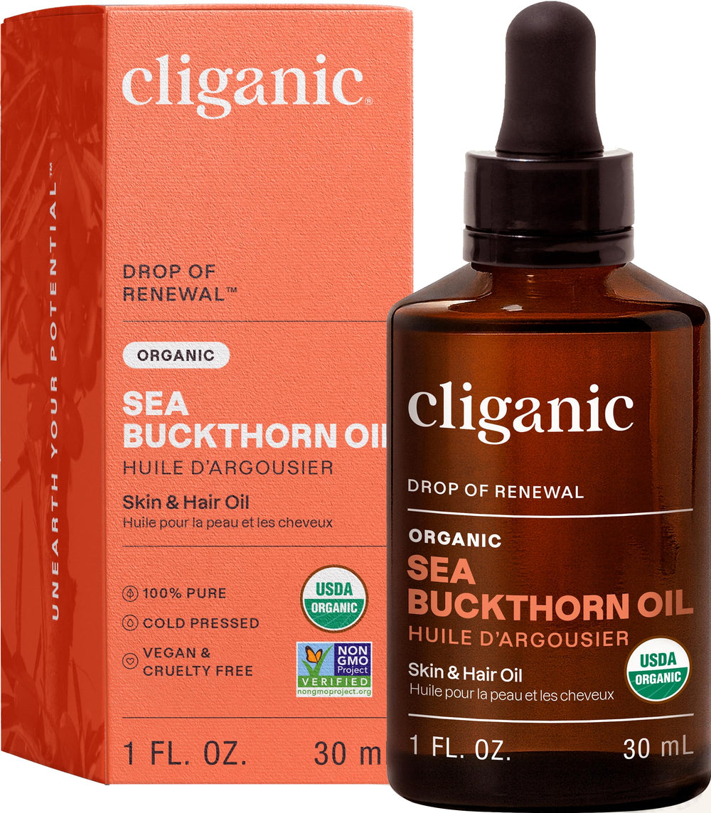 Cliganic huile d'argousier, bouteille-pure, soin visage nourrissant et léger