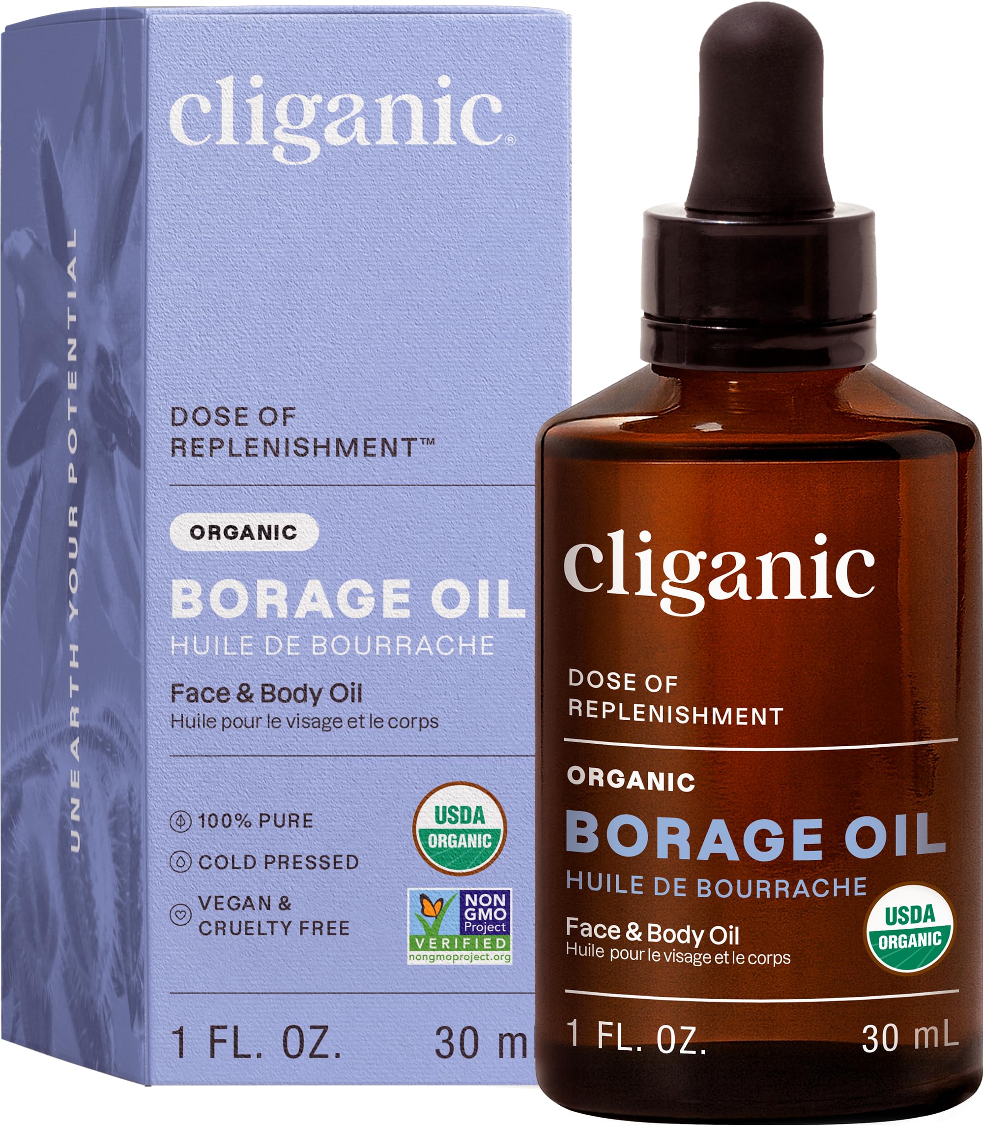 Cliganic Huile de bourrache, bouteille 30 ml, hydratation légère idéale pour tous types de peau.