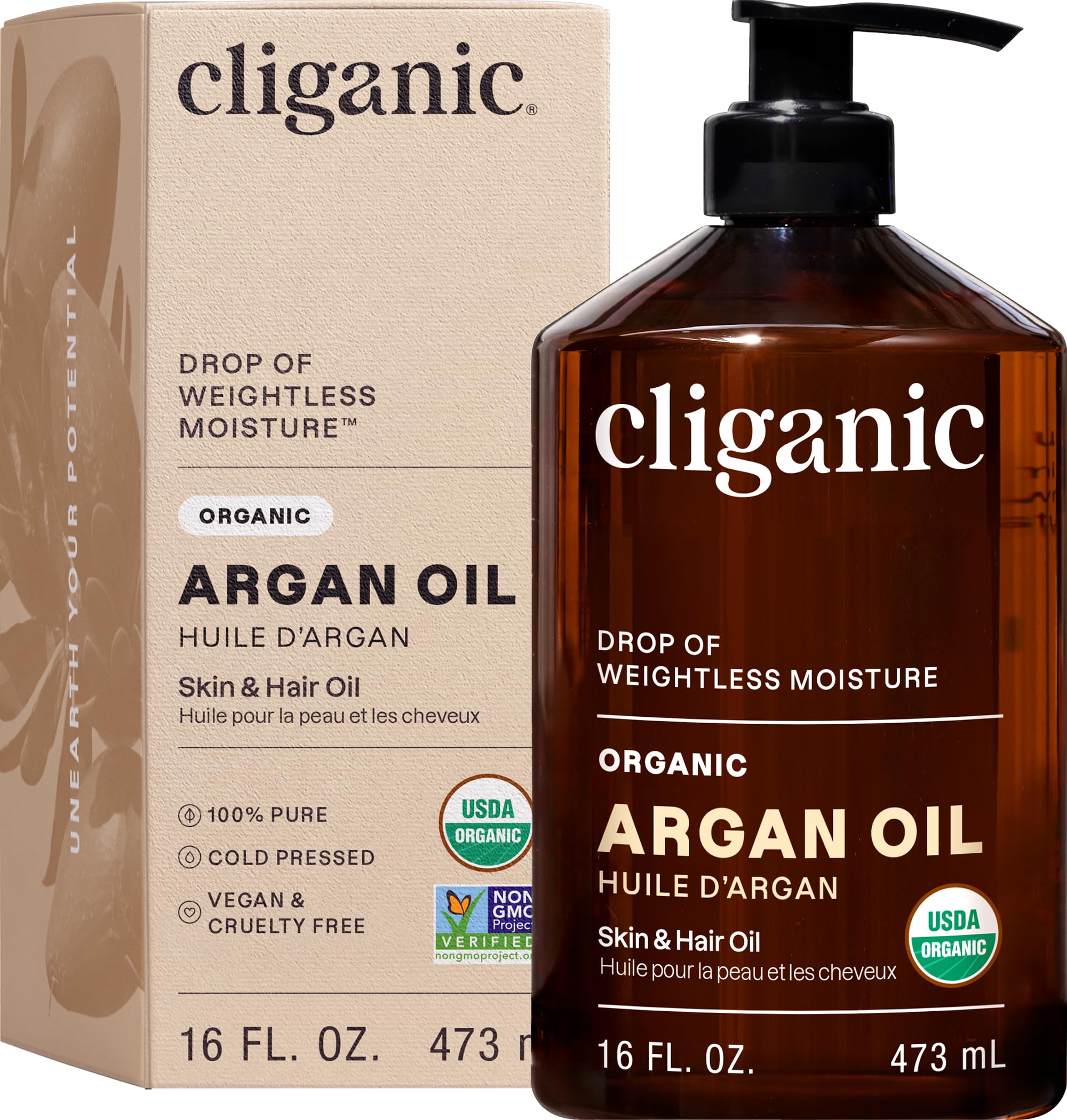 Cliganic huile d’argane biologique flacon pompe, hydratation quotidienne