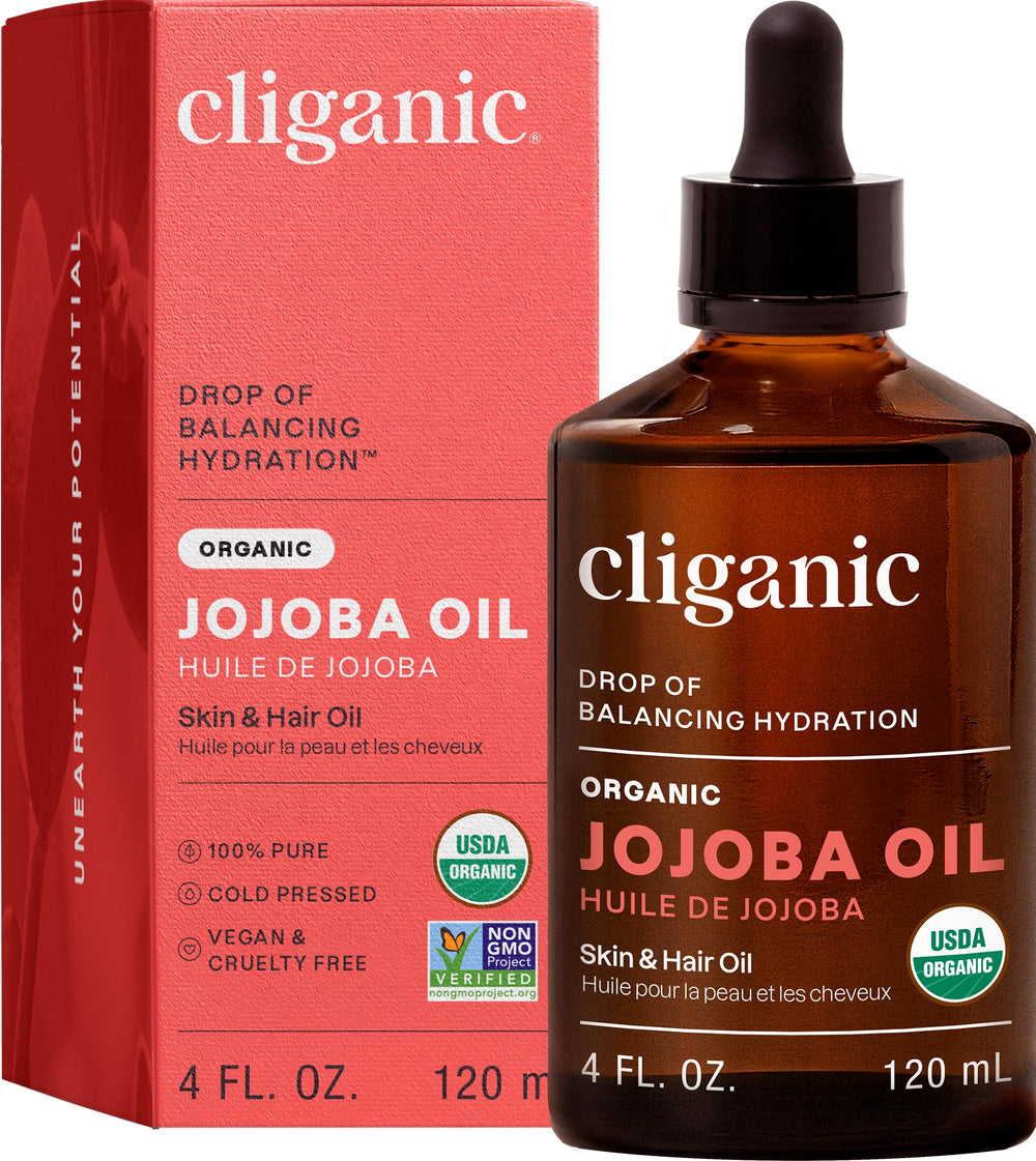 Cliganic huile de jojoba biologique dans une bouteille ambrée, hydratation pure et naturelle.