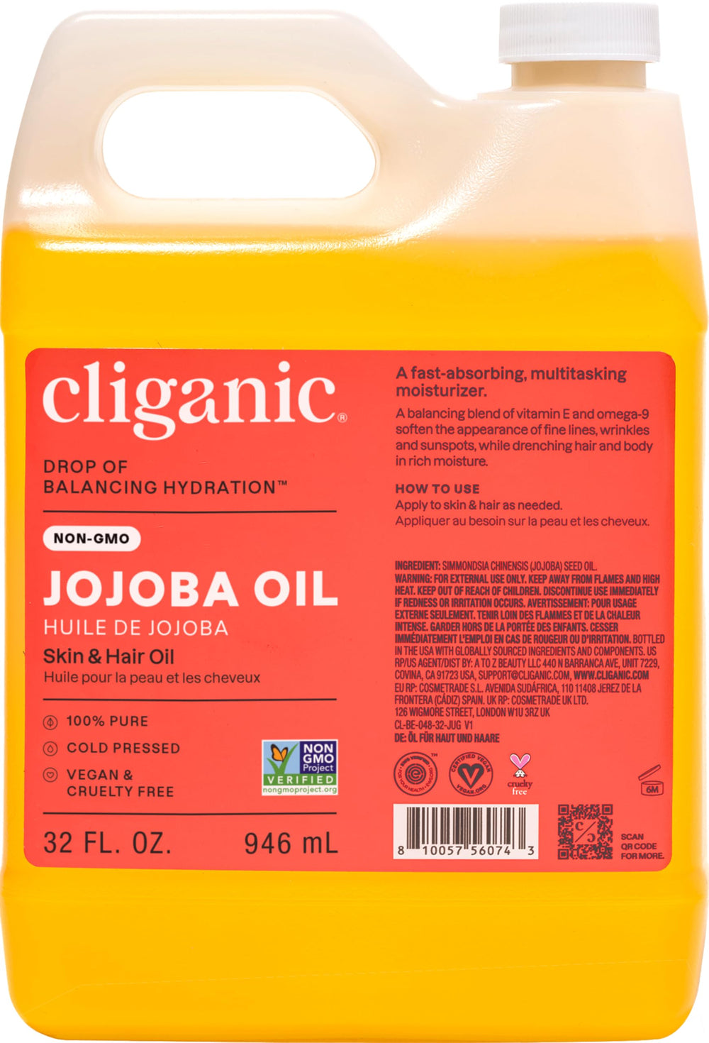 Huile Cliganic Jojoba pure en bouteille, texture légère pour la peau.