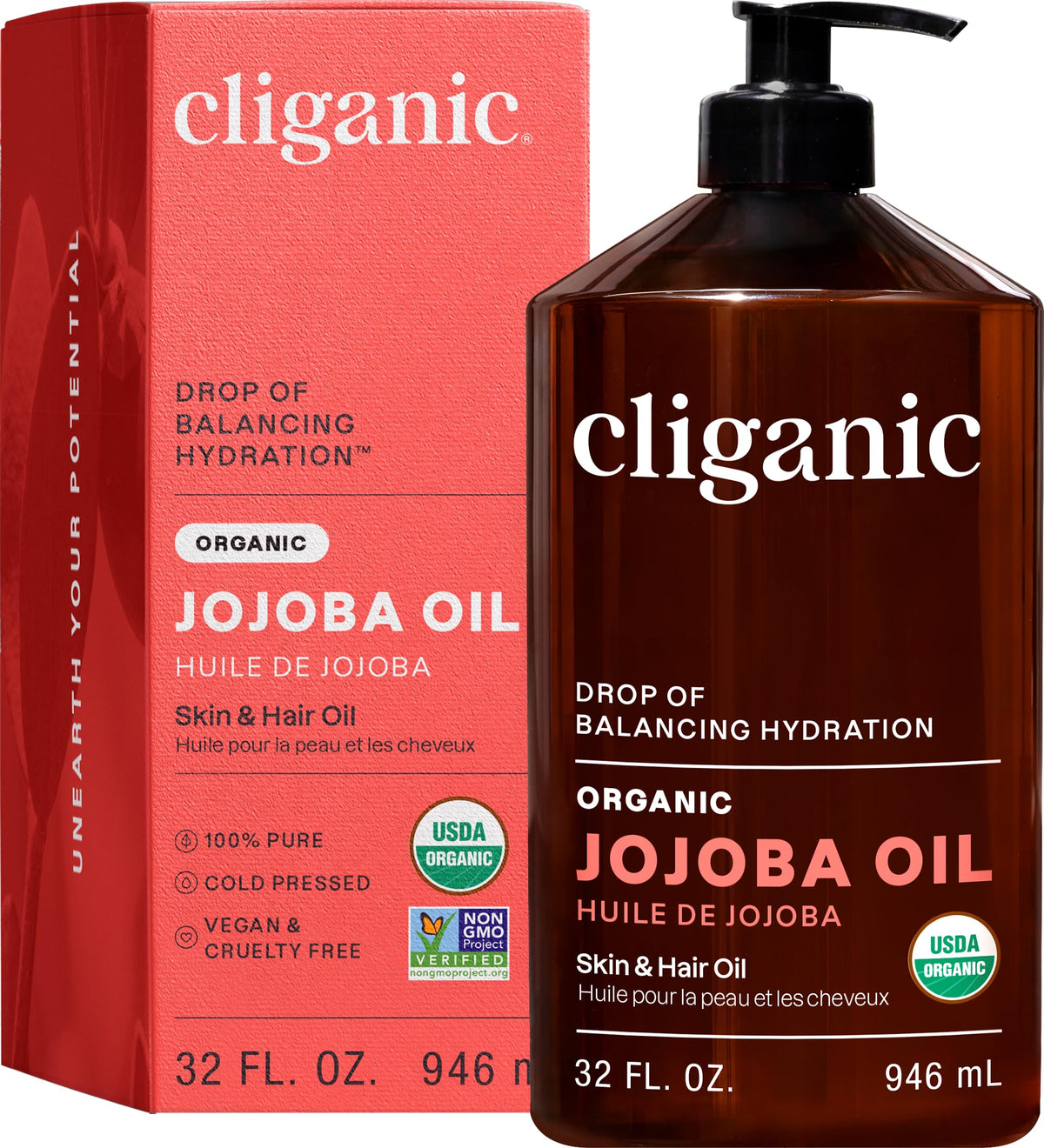 Cliganic huile jojoba en vrac avec pompe, pratique pour cheveux et peau.