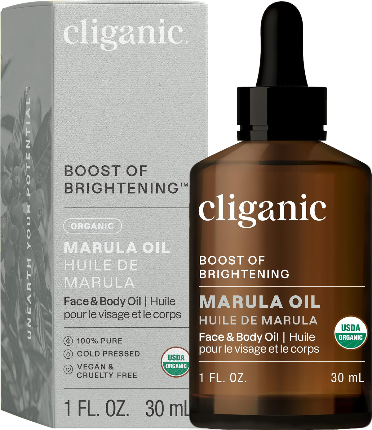 Cliganic huile de marula en bouteille, hydratation rapide visage et cheveux.