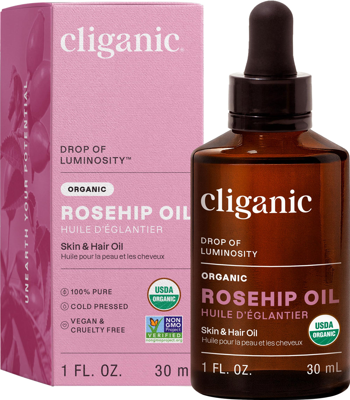 Cliganic huile rose musquée en bouteille: hydratation naturelle pour la peau.