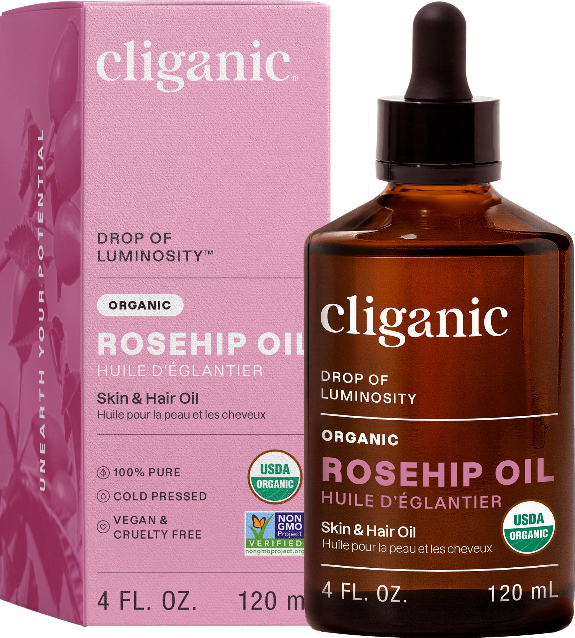 Cliganic huile rose muskée pour le visage, texture légère et hydratante