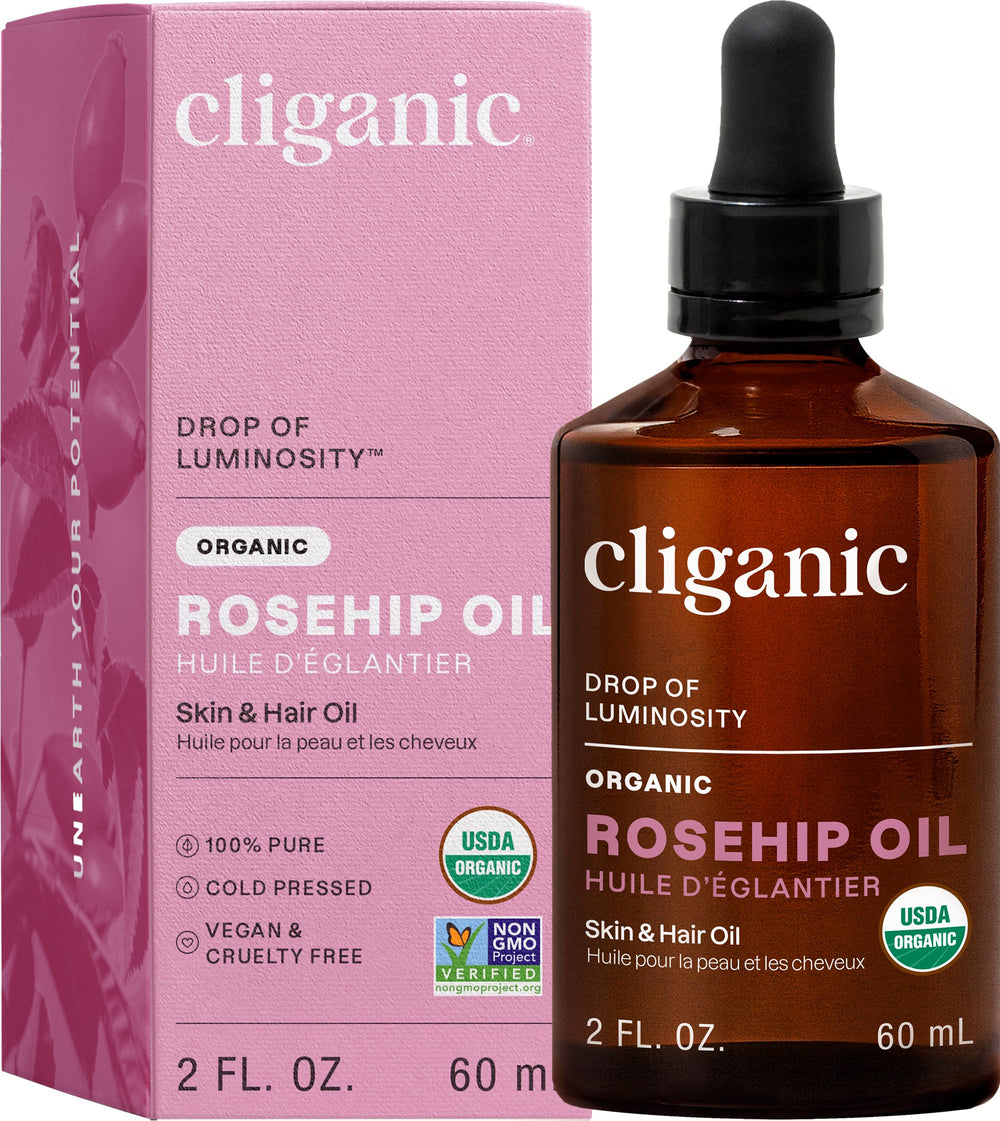 Cliganic huile rosehip bouteille-verre, soin hydratant pour peau.