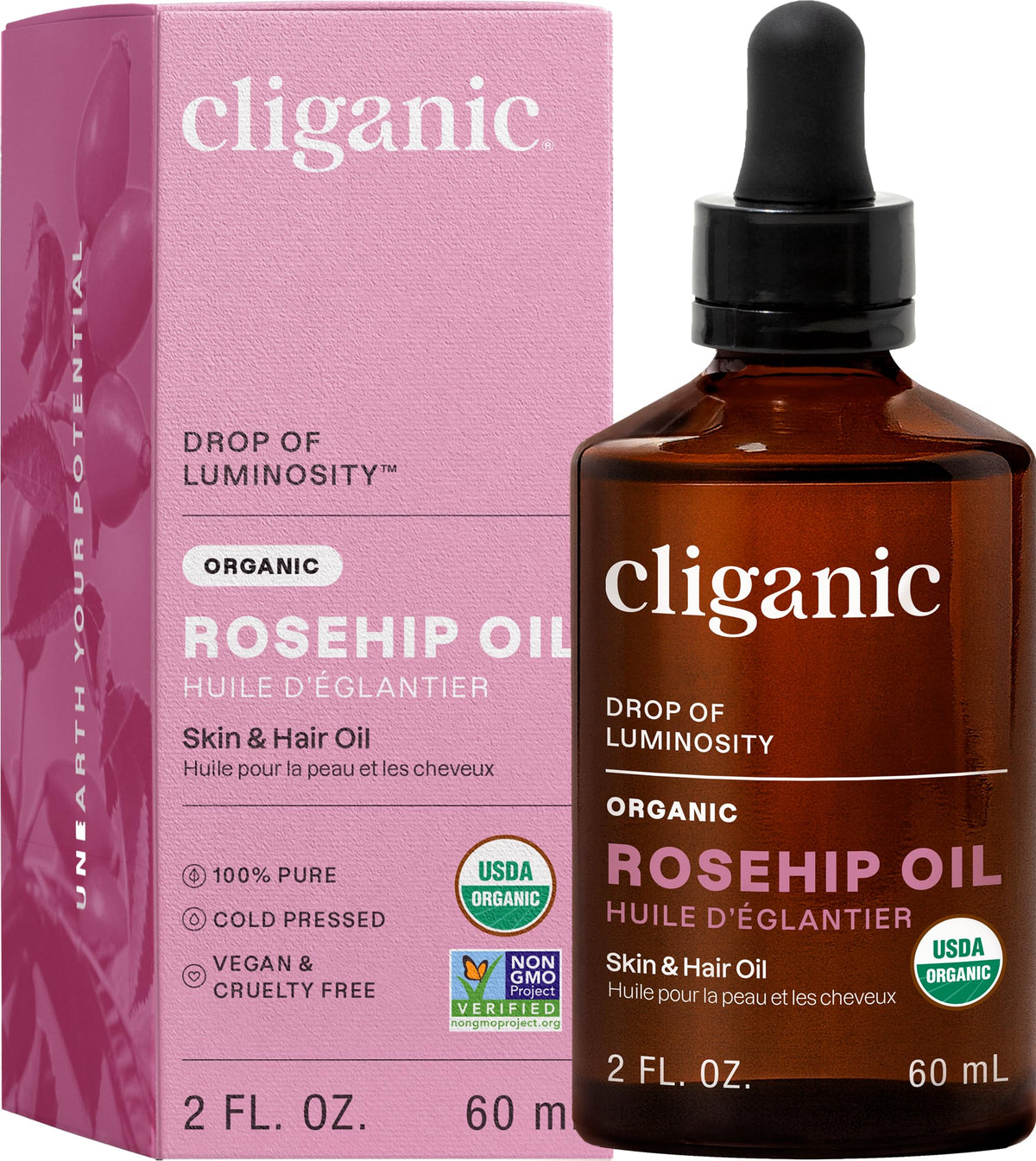 Cliganic huile rosehip bouteille-verre, soin hydratant pour peau.