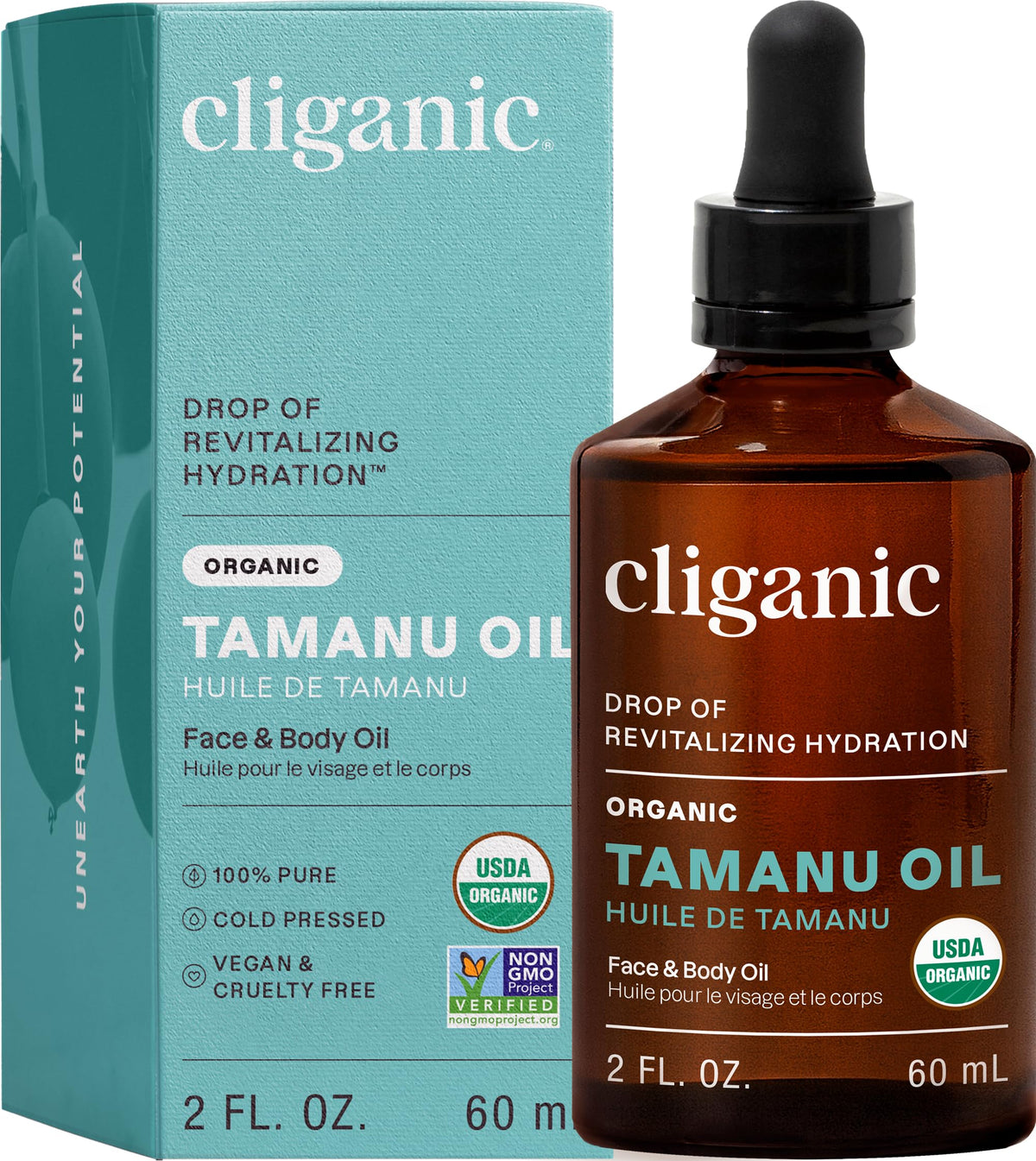 Huile Tamanu Cliganic, flacon presse-froid, soin visage et cheveux nourrissant.