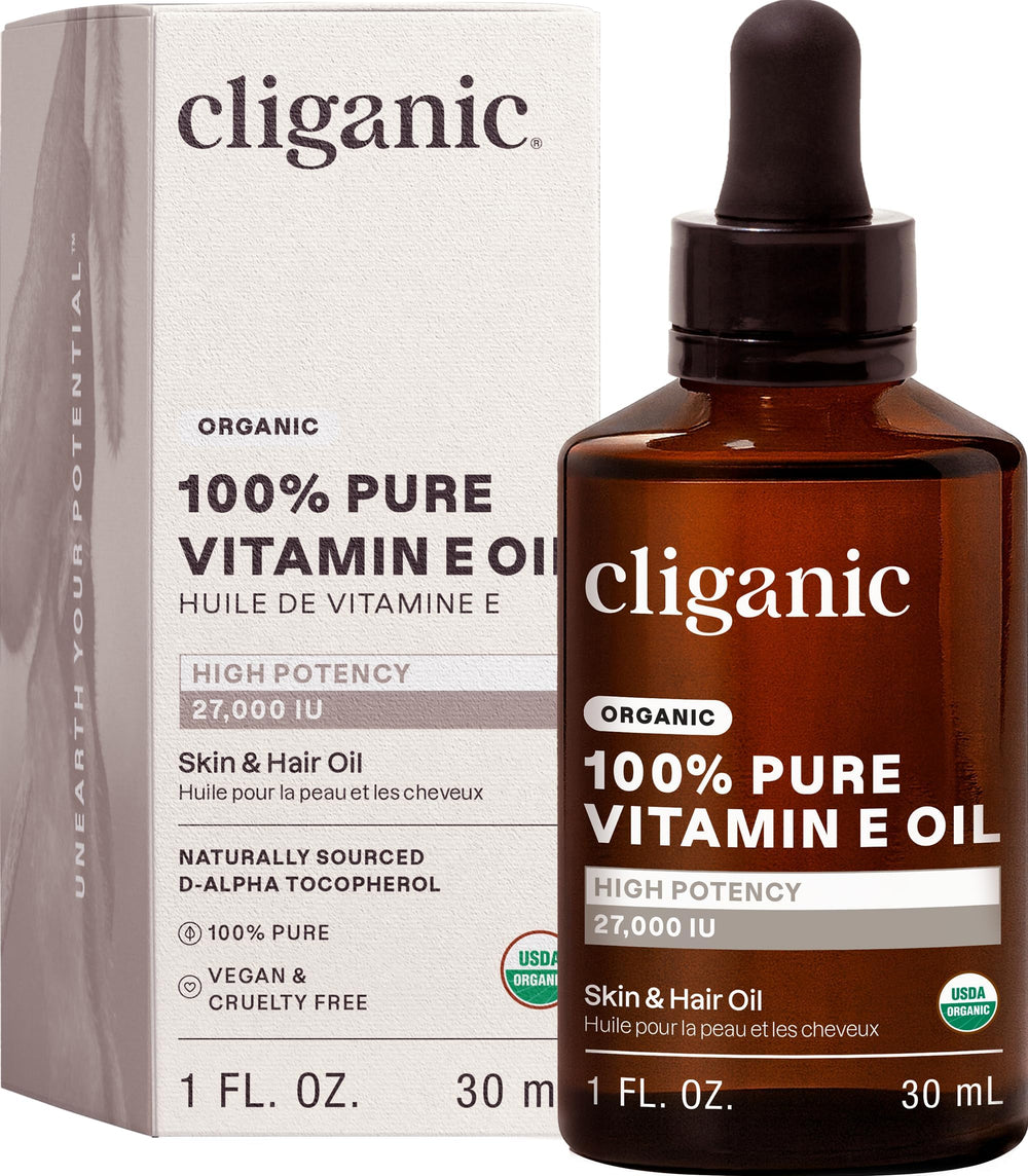 Cliganic huile vitamine E – flacon 1 oz, pure et nourrissante pour la peau.