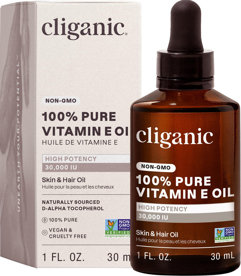 Huile vitamine E pure Cliganic, flacon pratique, nourrissante pour peau et ongles.