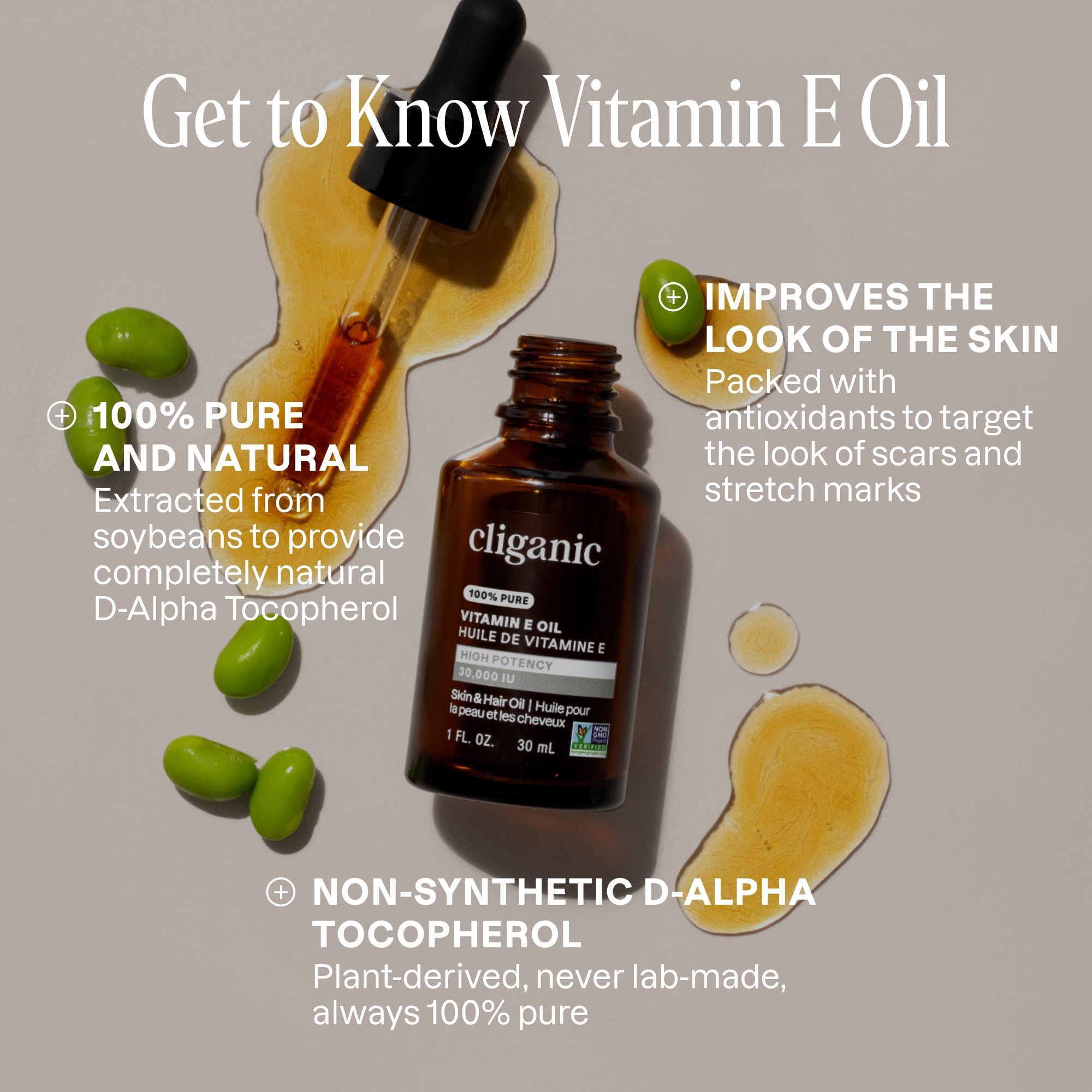 Texture légère de l'huile vitamine E, absorption rapide sur la peau.