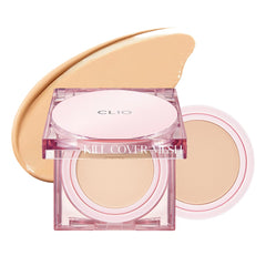 CLIO Kill Cover Mesh Glow Cushion avec éponge goutte d'eau, application précise et couvrance homogène.