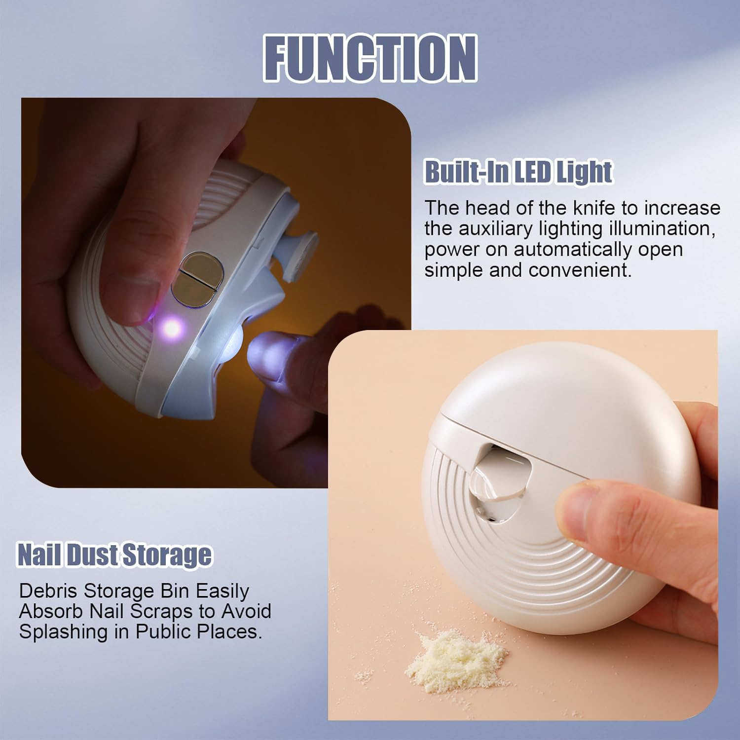 Clip-ongles électrique automatique avec bac-déchets hygiénique pour un nettoyage rapide.