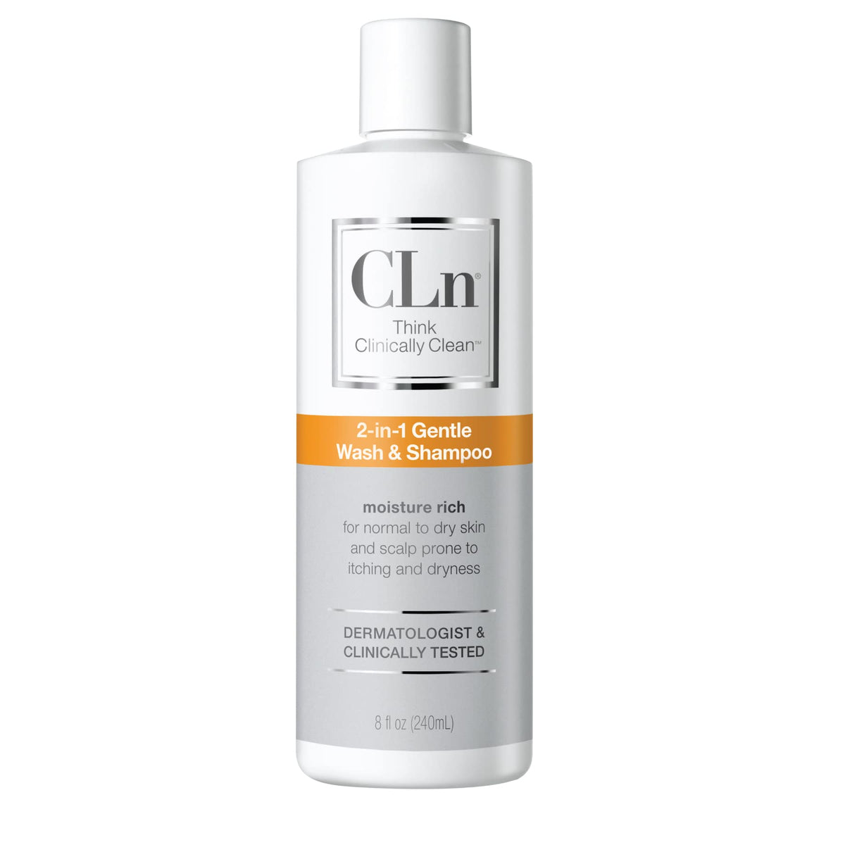 CLn 2-en-1: bouteille, nettoyant doux pour peau et cuir chevelu sensibles.