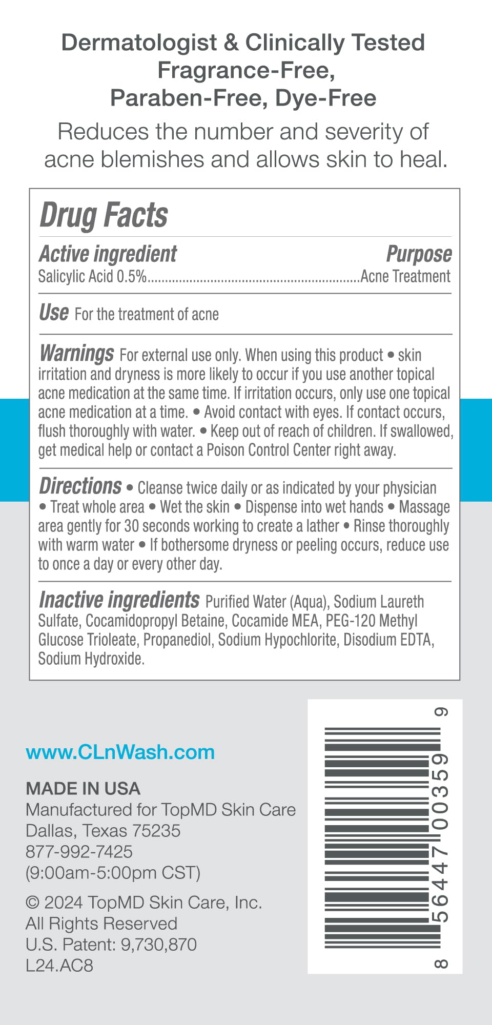 CLn nettoyant acné - ingrédients: acide salicylique 0,5% pour une action ciblée.