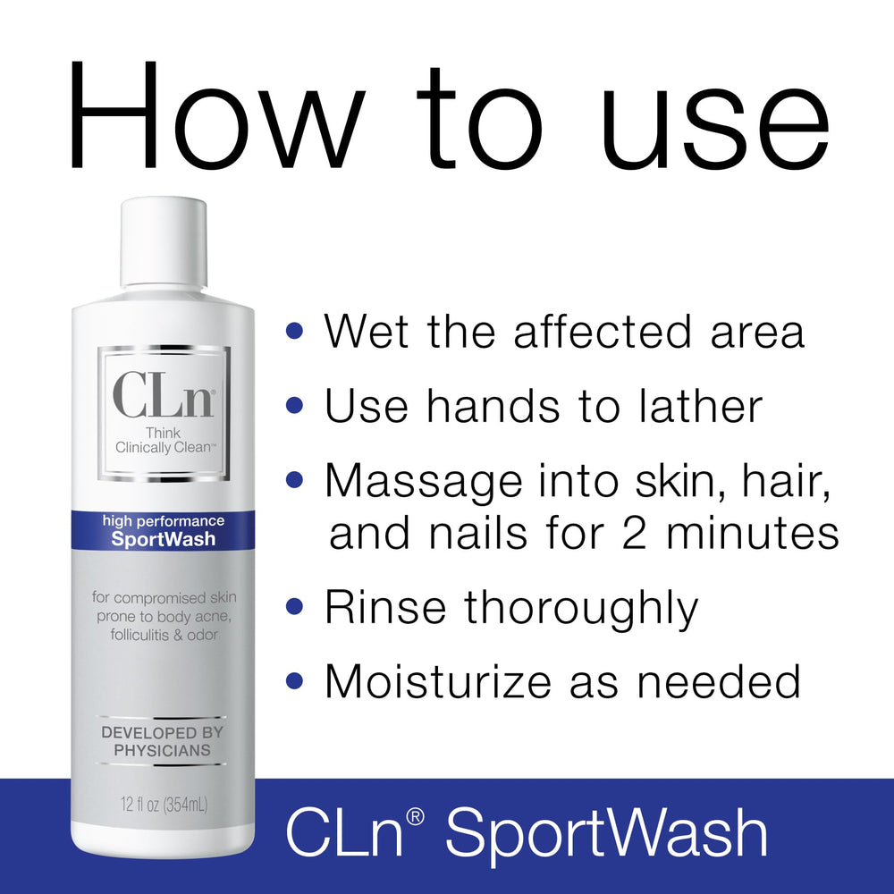 CLn SportWash, utilisation après l'effort, massez 2 minutes sur peau et cheveux.